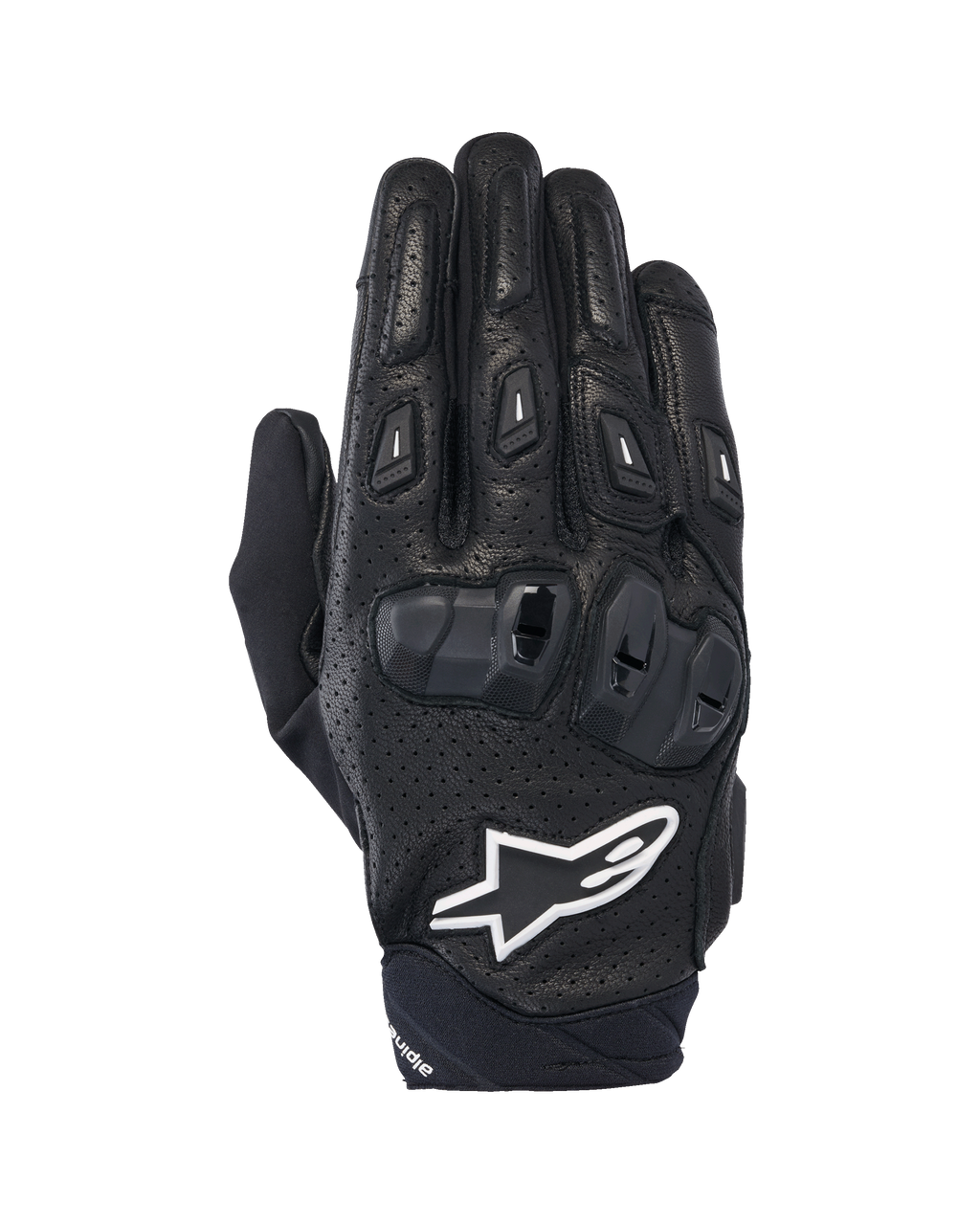 Rękawice Alpinestars SP X 7, krótkie sportowe rękawice motocyklowe, czarno-białe, konstrukcja z perforowanej skóry, ochraniacze kostek TPU o podwójnej gęstości, białe logo gwiazdy Alpinestars, zaprojektowane do sportowej jazdy szosowej