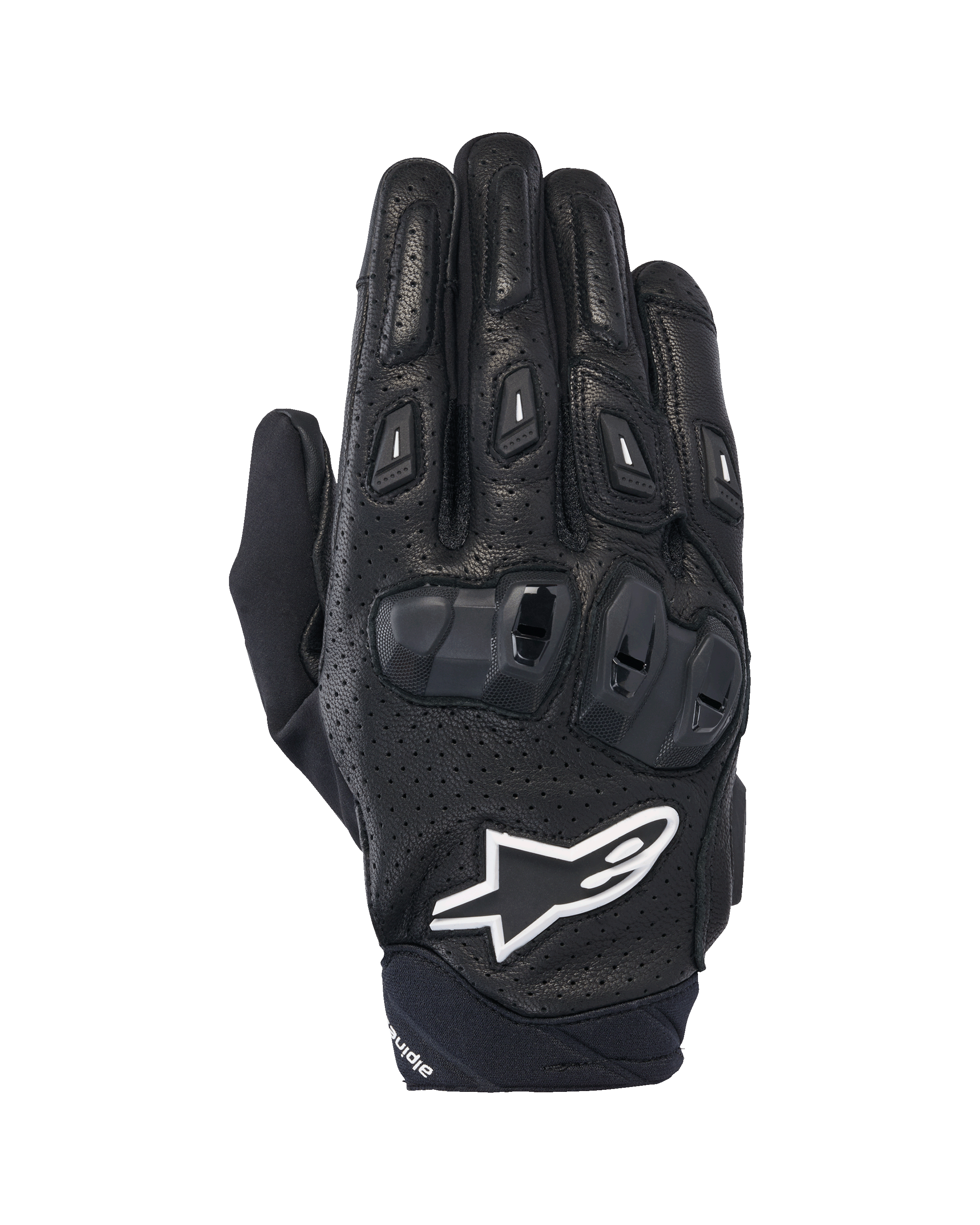 Rękawice Alpinestars SP X 7, krótkie sportowe rękawice motocyklowe, czarno-białe, konstrukcja z perforowanej skóry, ochraniacze kostek TPU o podwójnej gęstości, białe logo gwiazdy Alpinestars, zaprojektowane do sportowej jazdy szosowej