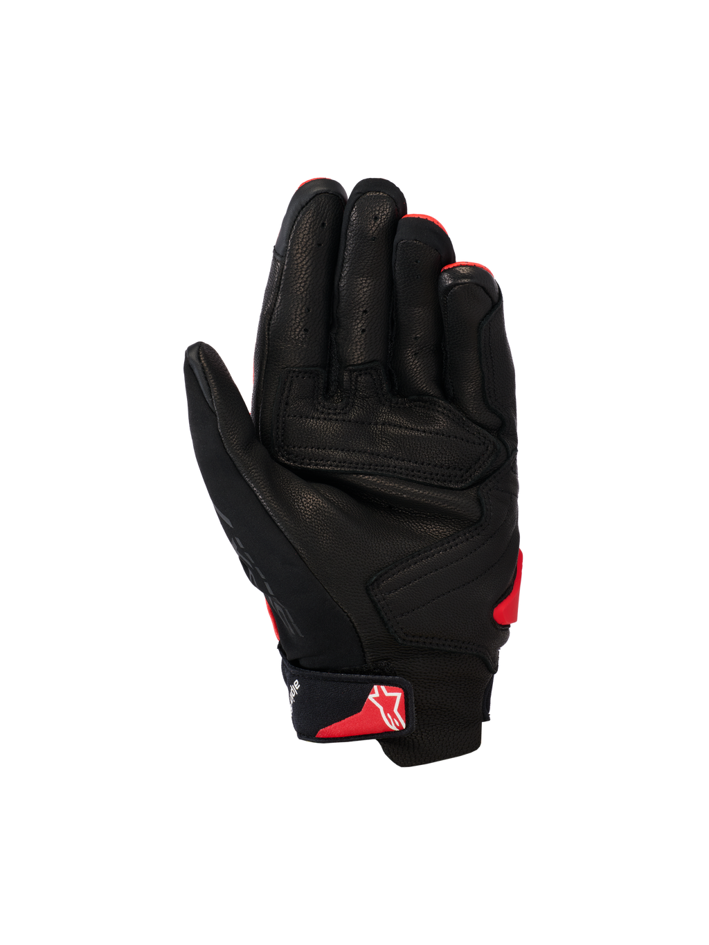 Rękawice Alpinestars SP X 7, krótkie rękawice motocyklowe, czarne i jaskrawoczerwone, widok od strony dłoni przedstawiający konstrukcję z perforowanej skóry, wzmocnione panele dłoni oraz czerwone logo Astars na pasku nadgarstka