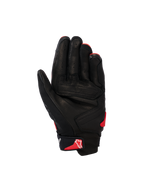 Rękawice Alpinestars SP X 7, krótkie rękawice motocyklowe, czarne i jaskrawoczerwone, widok od strony dłoni przedstawiający konstrukcję z perforowanej skóry, wzmocnione panele dłoni oraz czerwone logo Astars na pasku nadgarstka