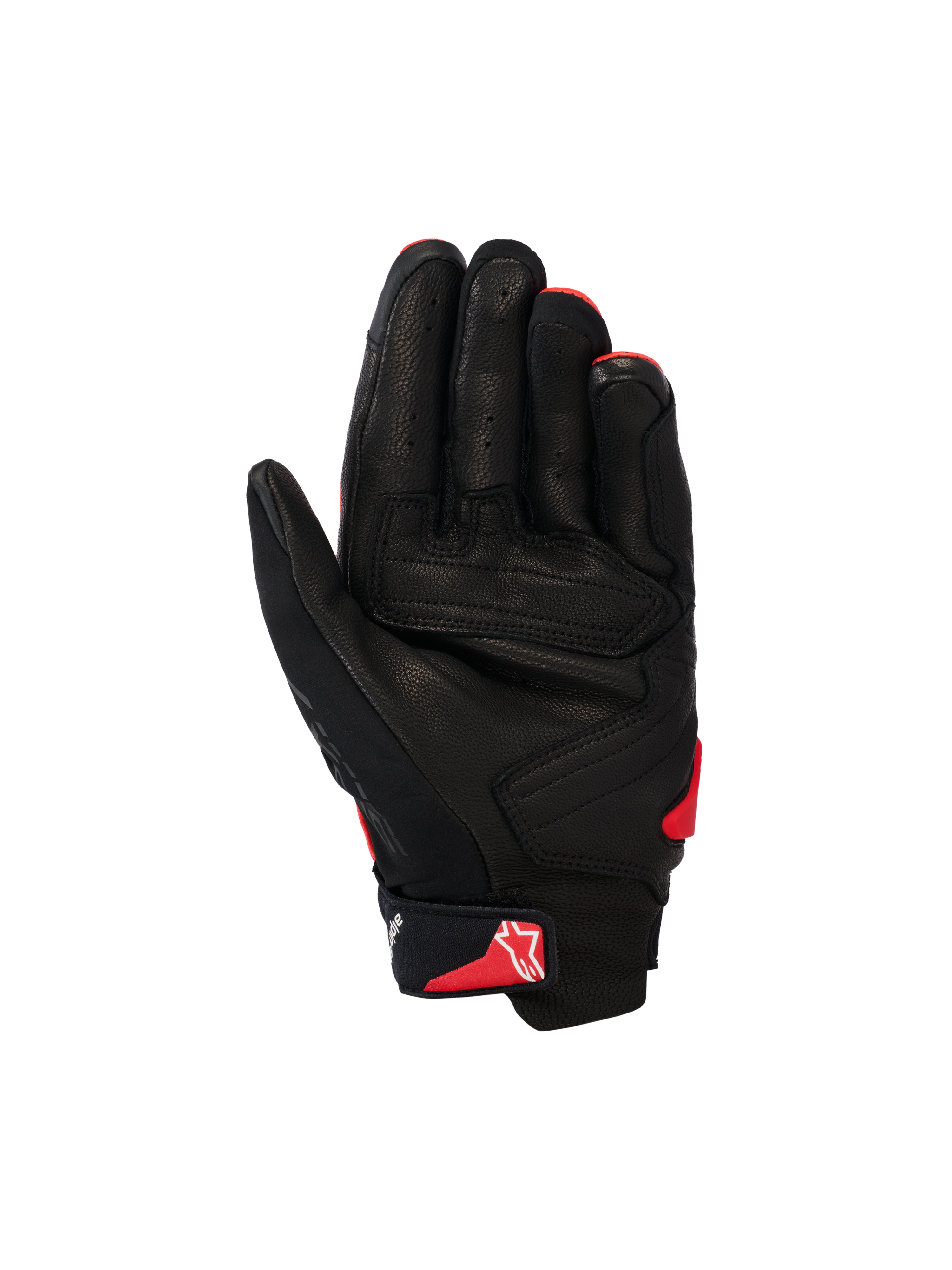 Rękawice Alpinestars SP X 7, krótkie rękawice motocyklowe, czarne i jaskrawoczerwone, widok od strony dłoni przedstawiający konstrukcję z perforowanej skóry, wzmocnione panele dłoni oraz czerwone logo Astars na pasku nadgarstka