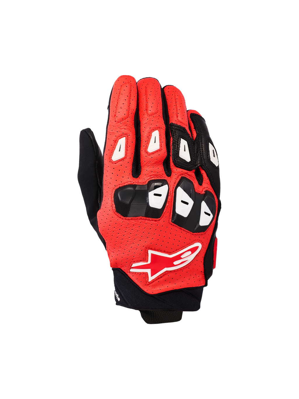 Alpinestars SP X 7 Gloves, krótkie wyścigowe rękawice motocyklowe, czarne, jaskrawoczerwone i białe, wykonane z perforowanej skóry, ochrona kostek i palców TPU, logo gwiazdy Alpinestars na wierzchu dłoni