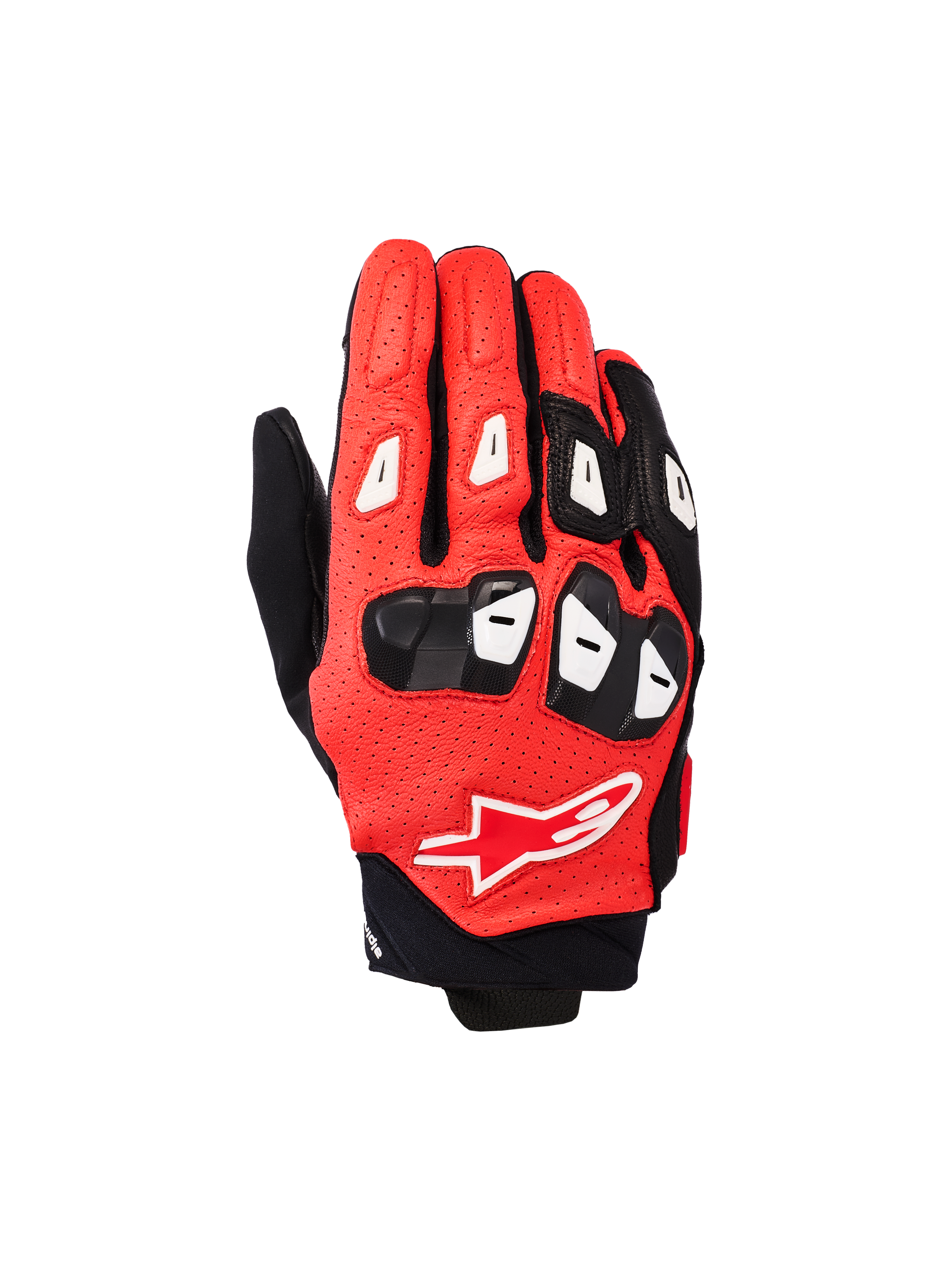 Alpinestars SP X 7 Gloves, krótkie wyścigowe rękawice motocyklowe, czarne, jaskrawoczerwone i białe, wykonane z perforowanej skóry, ochrona kostek i palców TPU, logo gwiazdy Alpinestars na wierzchu dłoni