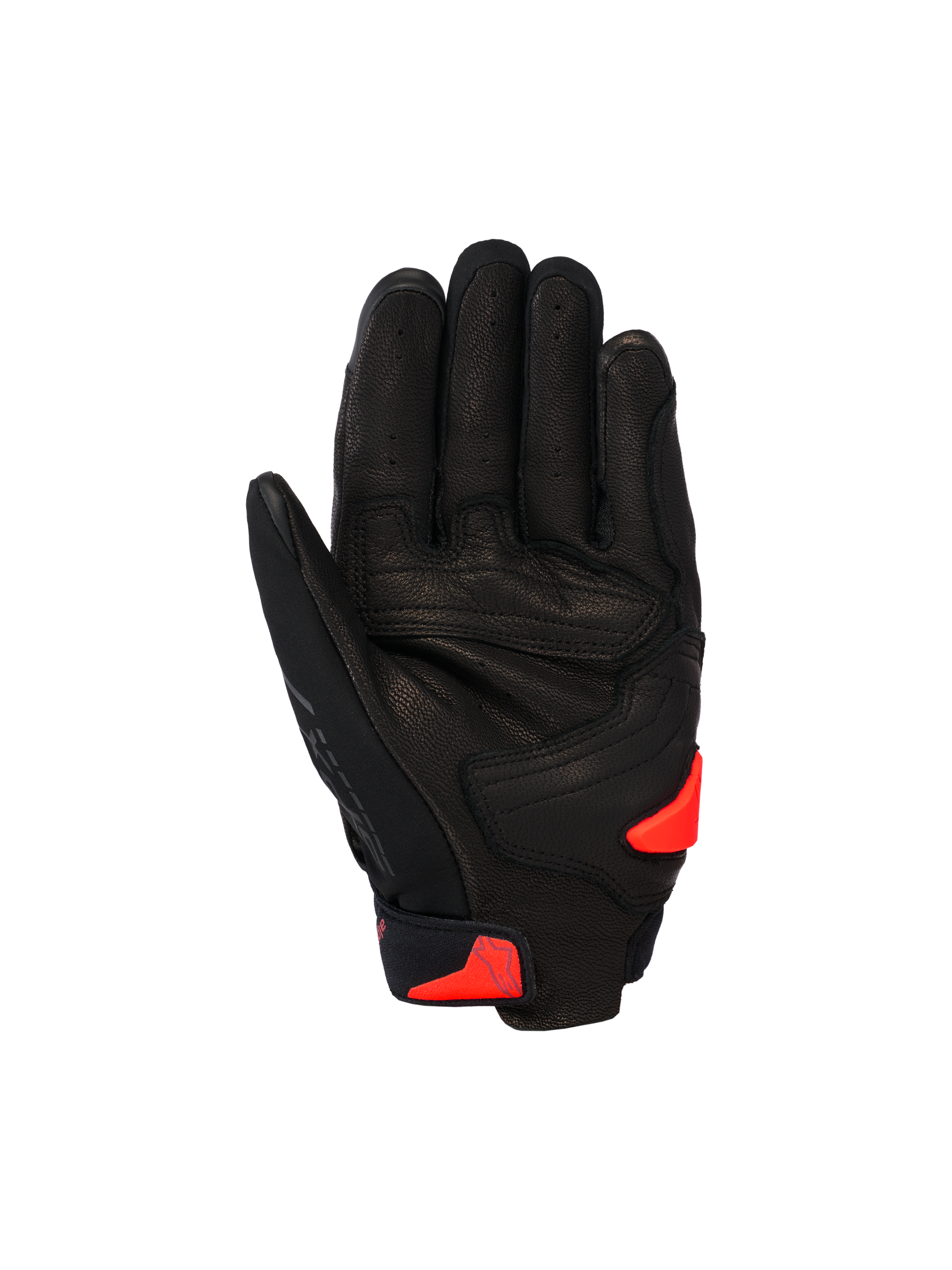 Rękawice Alpinestars SP X 7, krótkie sportowe rękawice motocyklowe, czarne z akcentami Red Fluo, widok od strony dłoni ukazujący konstrukcję z perforowanej skóry, wzmocniony obszar dłoni i ślizgacz dłoni TPR.
