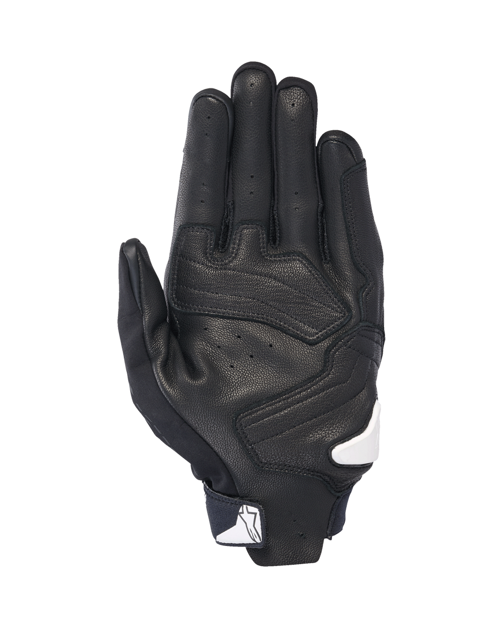 Alpinestars SP X 7 Gloves, widok od strony dłoni, czarne z białymi akcentami, krótkie rękawice motocyklowe z perforowaną skórą, wzmocnieniami dłoni i białym logo Alpinestars na zapięciu mankietu