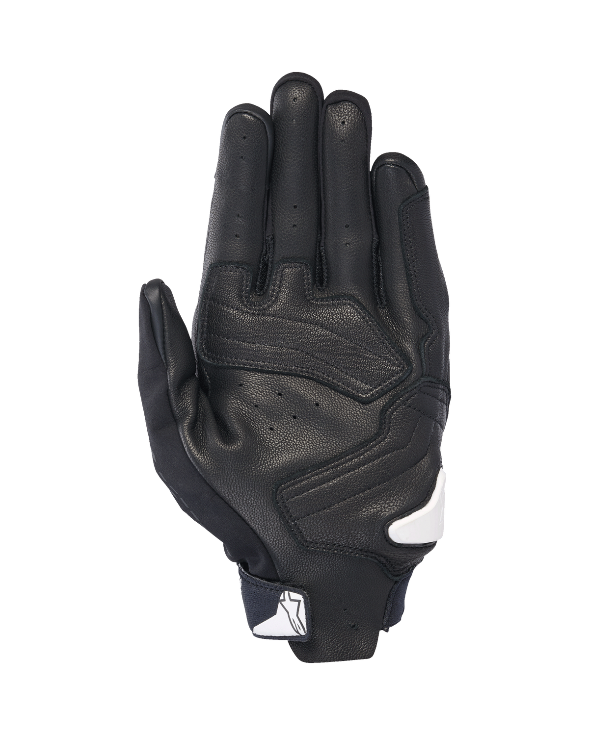 Alpinestars SP X 7 Gloves, widok od strony dłoni, czarne z białymi akcentami, krótkie rękawice motocyklowe z perforowaną skórą, wzmocnieniami dłoni i białym logo Alpinestars na zapięciu mankietu