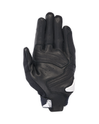 Alpinestars SP X 7 Gloves, widok od strony dłoni, czarne z białymi akcentami, krótkie rękawice motocyklowe z perforowaną skórą, wzmocnieniami dłoni i białym logo Alpinestars na zapięciu mankietu