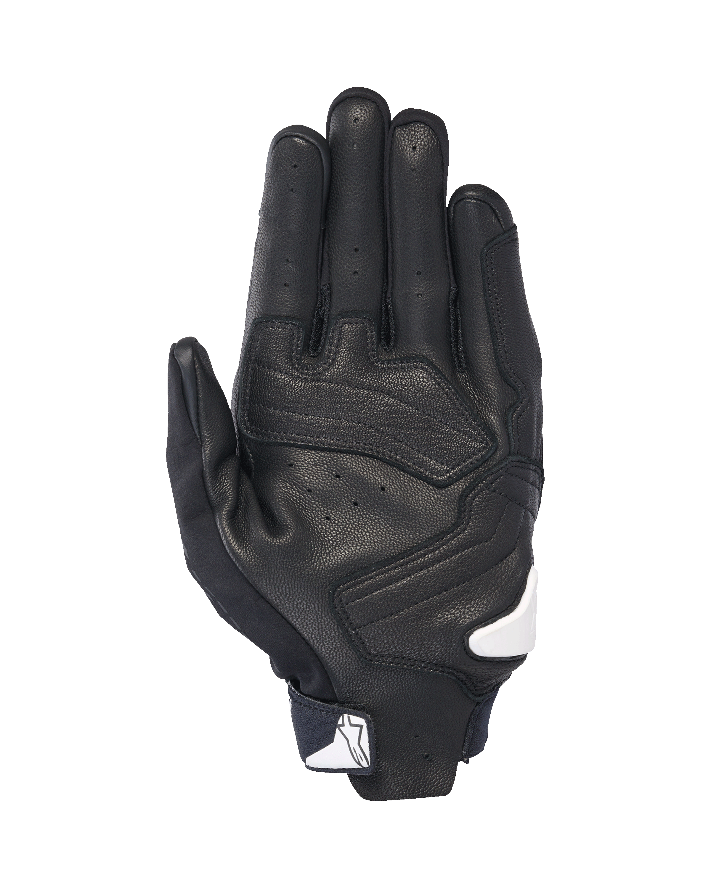 Alpinestars SP X 7 Gloves, widok od strony dłoni, czarne z białymi akcentami, krótkie rękawice motocyklowe z perforowaną skórą, wzmocnieniami dłoni i białym logo Alpinestars na zapięciu mankietu