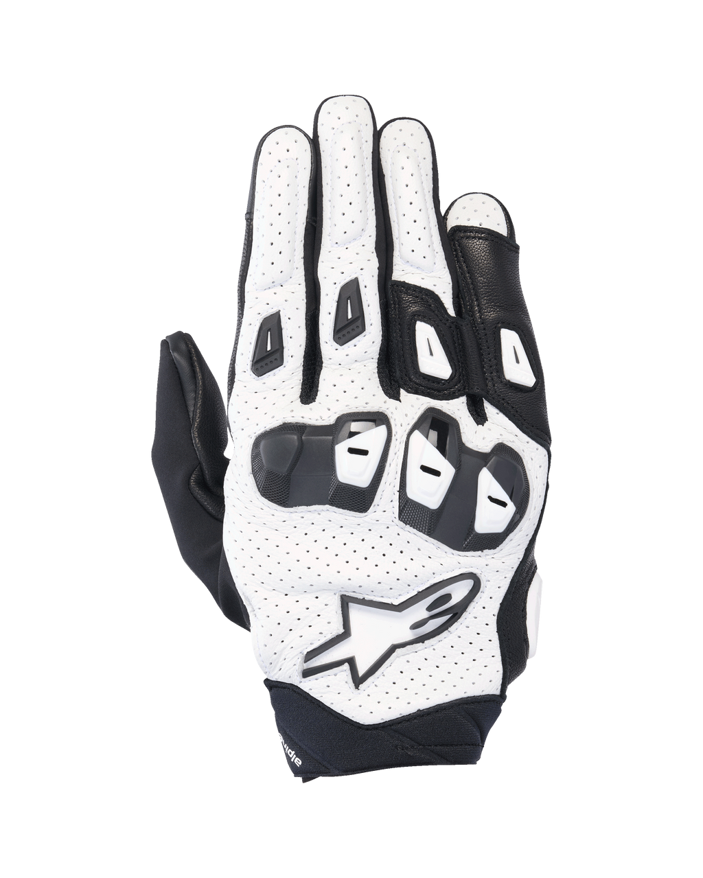 Rękawice Alpinestars SP X 7, krótkie sportowe rękawice motocyklowe, białe i czarne, z perforowaną skórzaną konstrukcją i ochraniaczami kostek TPU o podwójnej gęstości, białe logo z gwiazdą, wentylowana konstrukcja do sportowej jazdy latem