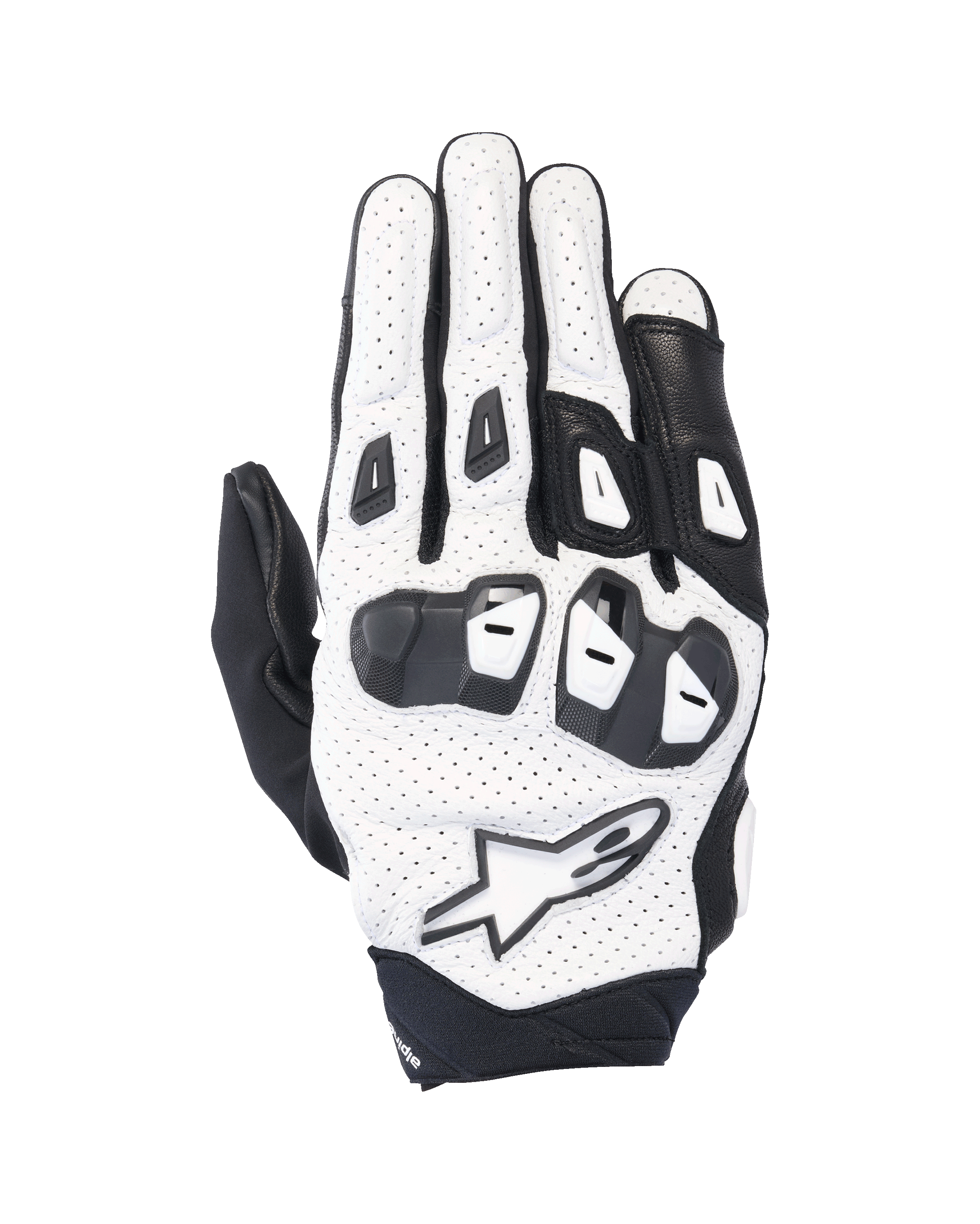 Rękawice Alpinestars SP X 7, krótkie sportowe rękawice motocyklowe, białe i czarne, z perforowaną skórzaną konstrukcją i ochraniaczami kostek TPU o podwójnej gęstości, białe logo z gwiazdą, wentylowana konstrukcja do sportowej jazdy latem