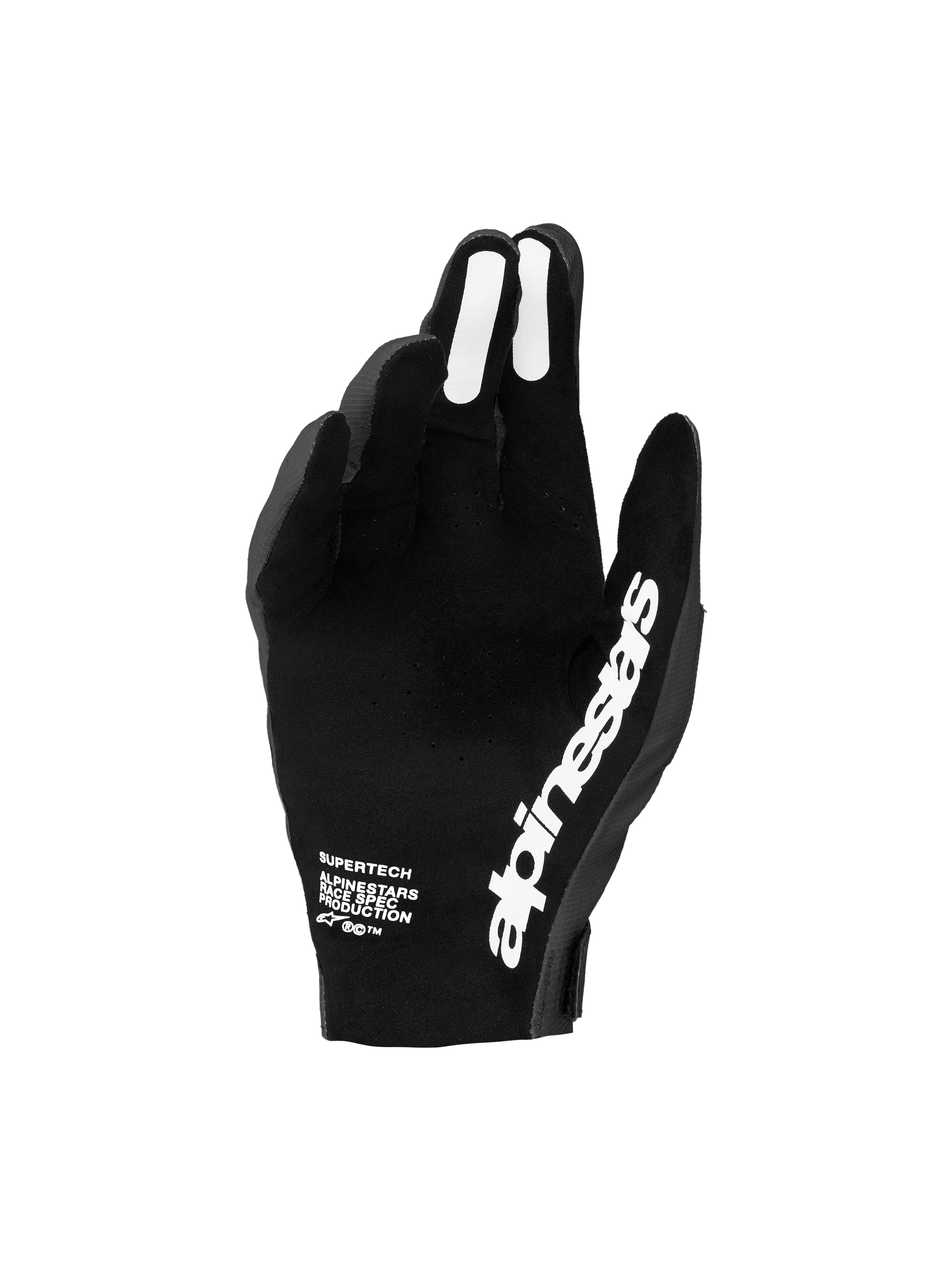 Alpinestars Supertech MX Gloves 2027, Men's Motocross Racing Gloves in Black and White, featuring a perforated palm for ventilation and silicone finger grips for precise lever control.