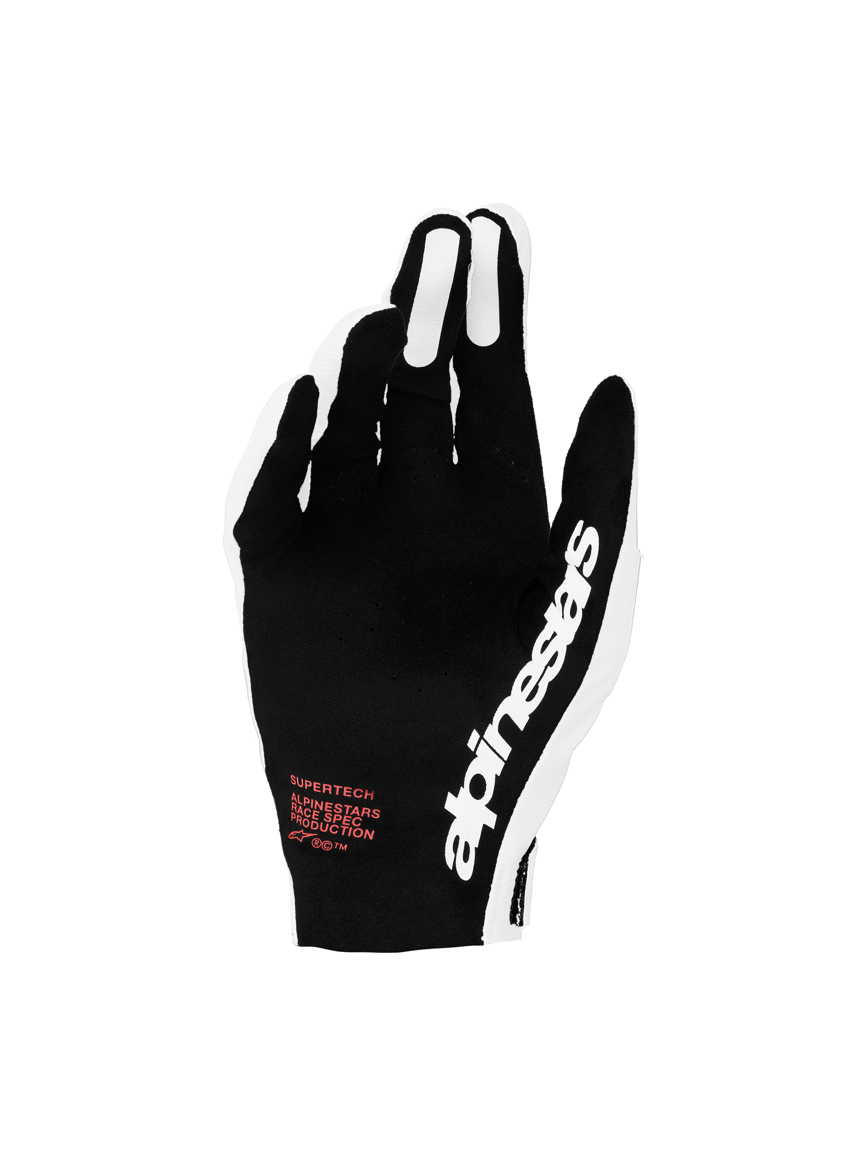 Alpinestars Supertech MX Gloves 2027, black and white motocross racing gloves with red accents and perforated backhand.