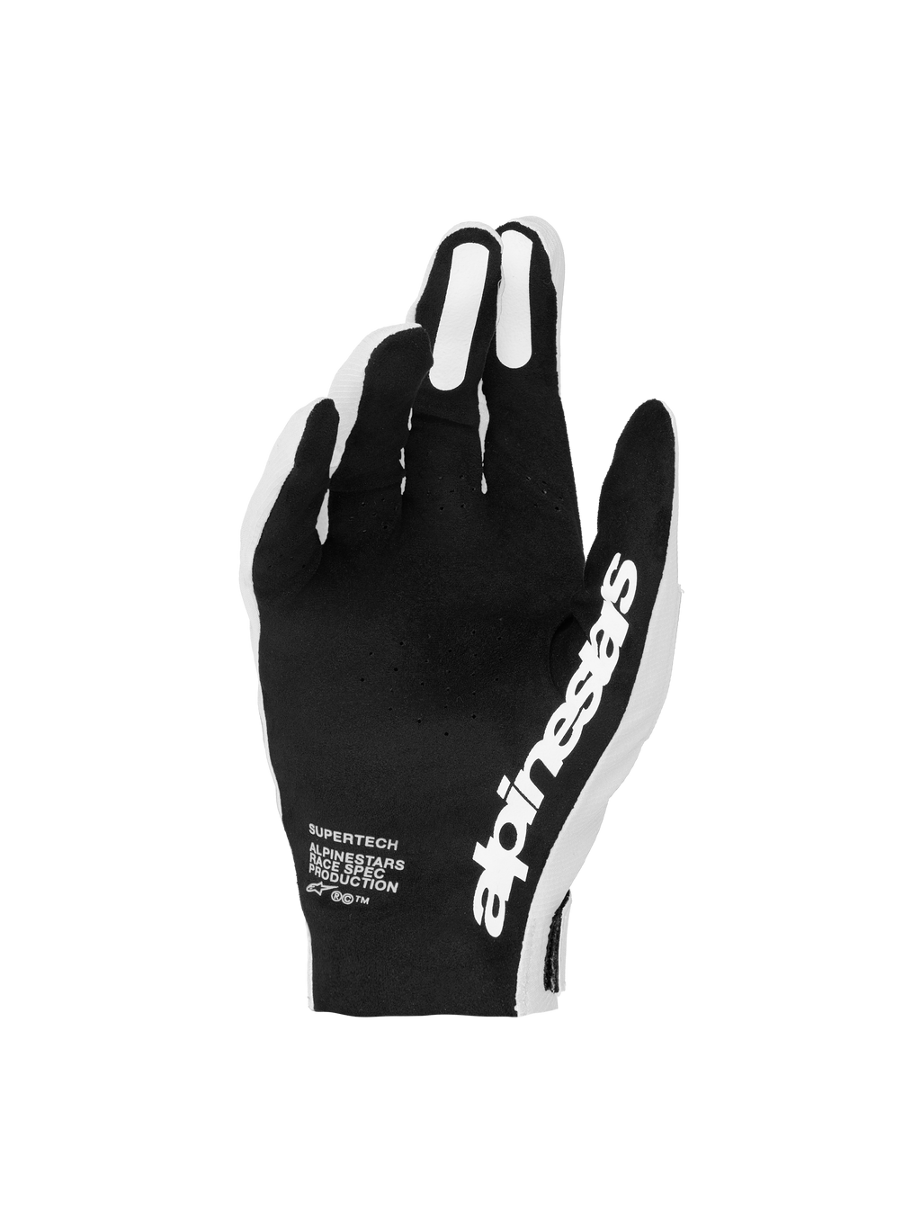 Alpinestars Supertech MX Gloves, Black and White motocross gloves with perforated palms for precise racing control.