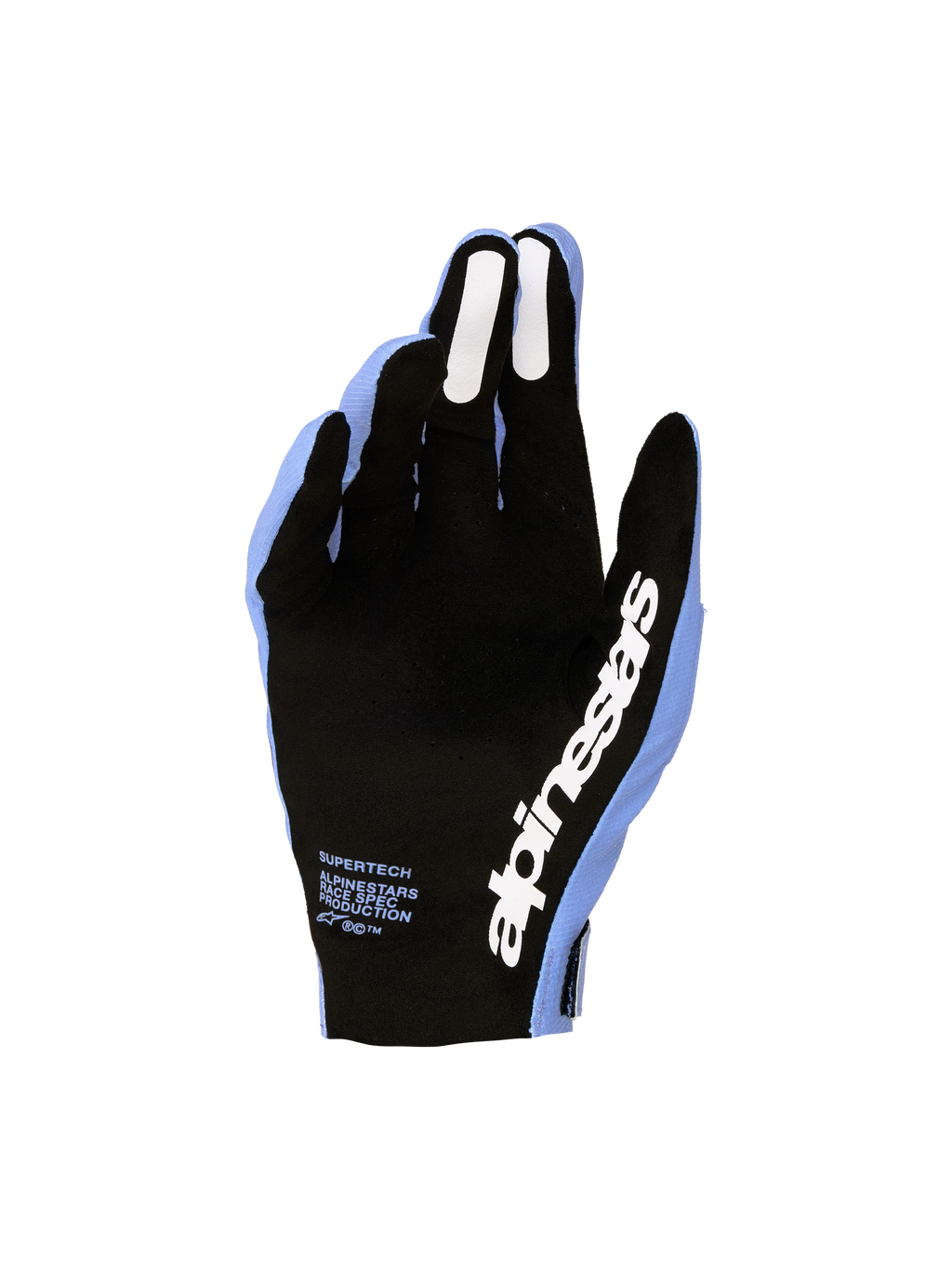 Rękawice Alpinestars Supertech MX 2027, jasnofioletowe i czarne rękawice motocrossowe, perforowana dłoń i silikonowe uchwyty.