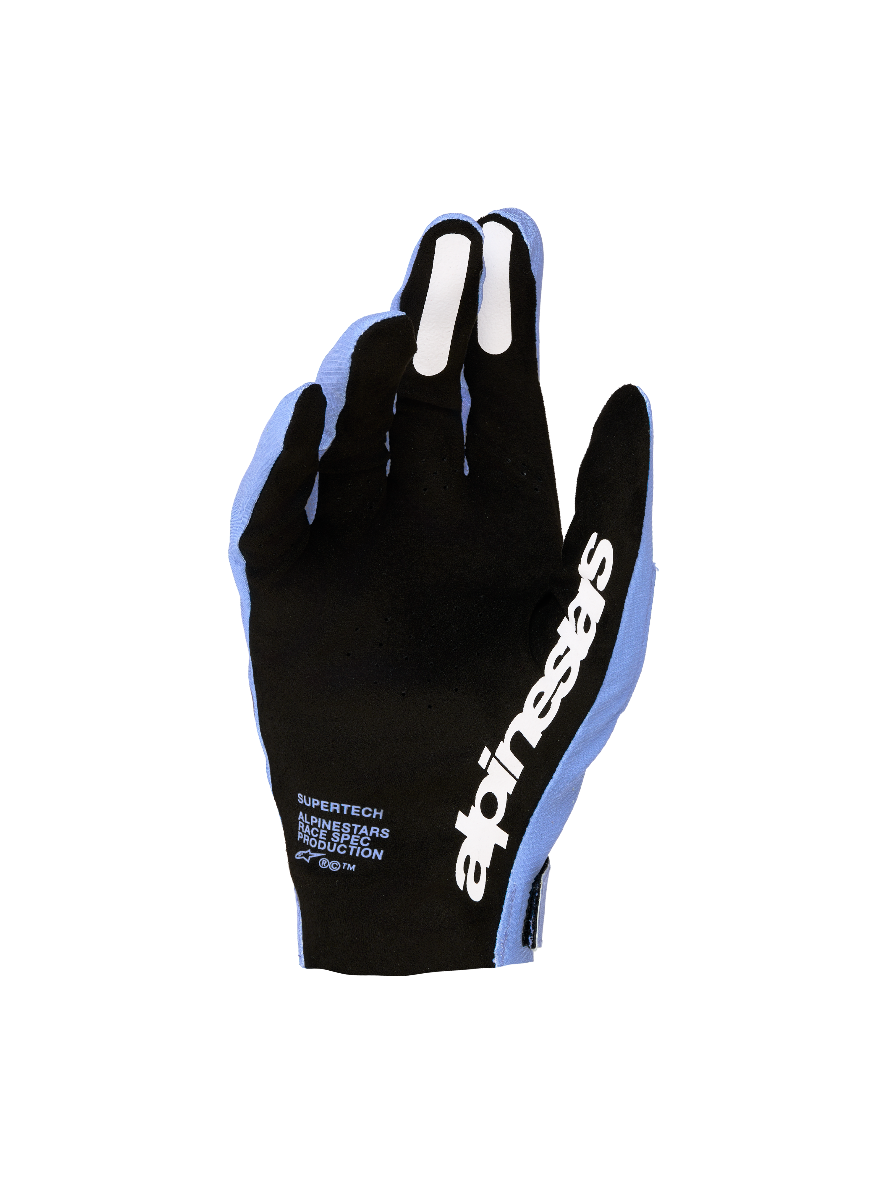 Rękawice Alpinestars Supertech MX 2027, jasnofioletowe i czarne rękawice motocrossowe, perforowana dłoń i silikonowe uchwyty.