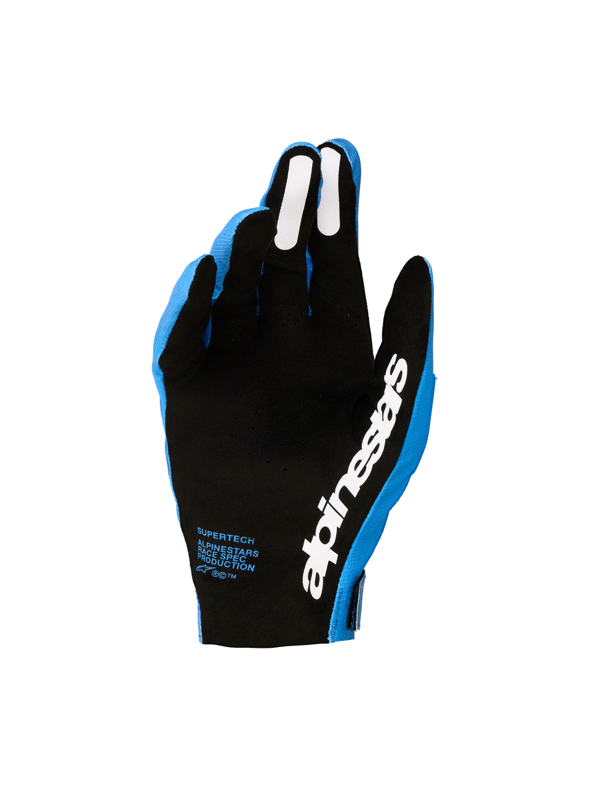 Rękawice Alpinestars Supertech MX, męskie motocrossowe, niebieskie i czarne, perforowana dłoń i białe silikonowe uchwyty