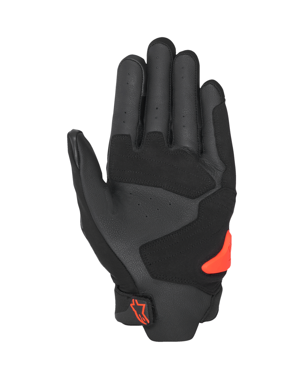Alpinestars SP X 5 Air Gloves, widok od strony dłoni, czarno-czerwone (fluo), perforowana skórzana dłoń ze wzmocnionymi panelami, jaskrawoczerwony ślizgacz dłoni TPR, czerwone logo Alpinestars na zapięciu nadgarstka, sportowe rękawice motocyklowe