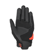 Alpinestars SP X 5 Air Gloves, widok od strony dłoni, czarno-czerwone (fluo), perforowana skórzana dłoń ze wzmocnionymi panelami, jaskrawoczerwony ślizgacz dłoni TPR, czerwone logo Alpinestars na zapięciu nadgarstka, sportowe rękawice motocyklowe