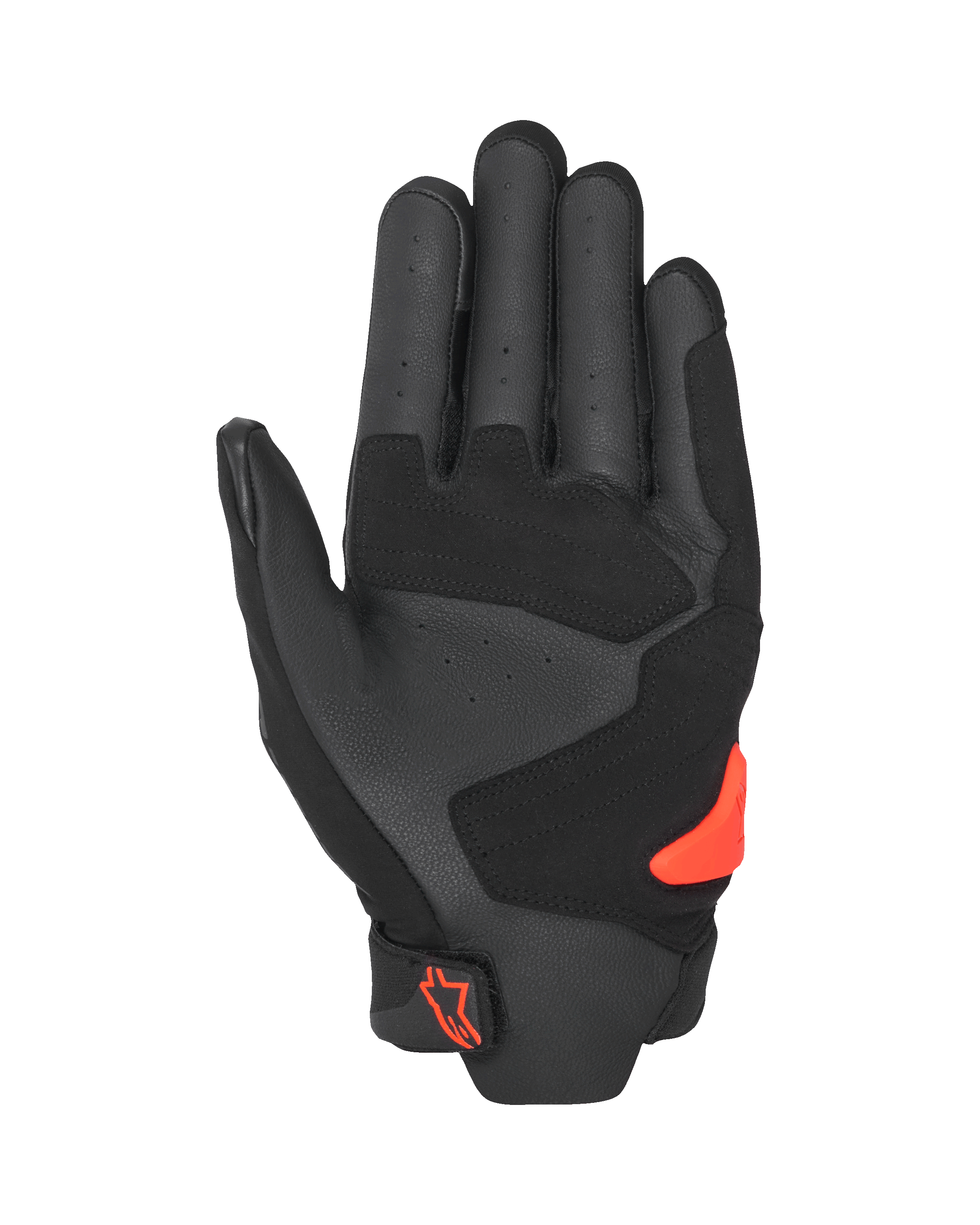 Alpinestars SP X 5 Air Gloves, widok od strony dłoni, czarno-czerwone (fluo), perforowana skórzana dłoń ze wzmocnionymi panelami, jaskrawoczerwony ślizgacz dłoni TPR, czerwone logo Alpinestars na zapięciu nadgarstka, sportowe rękawice motocyklowe