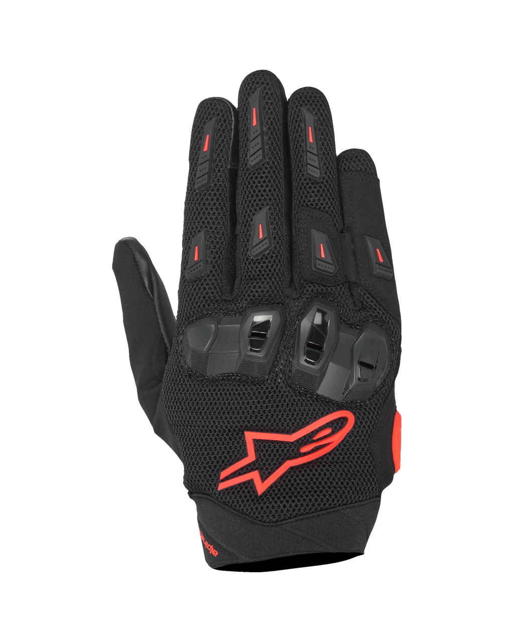 Alpinestars SP X 5 Air Gloves, sportowe rękawice motocyklowe, czarno-czerwone fluo, elastyczna siateczka 3D na wierzchu dłoni, ochrona kostek TPU o podwójnej gęstości, czerwone logo gwiazdy Alpinestars, oddychająca perforowana konstrukcja do sportowej jazdy latem