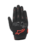 Alpinestars SP X 5 Air Gloves, sportowe rękawice motocyklowe, czarno-czerwone fluo, elastyczna siateczka 3D na wierzchu dłoni, ochrona kostek TPU o podwójnej gęstości, czerwone logo gwiazdy Alpinestars, oddychająca perforowana konstrukcja do sportowej jazdy latem