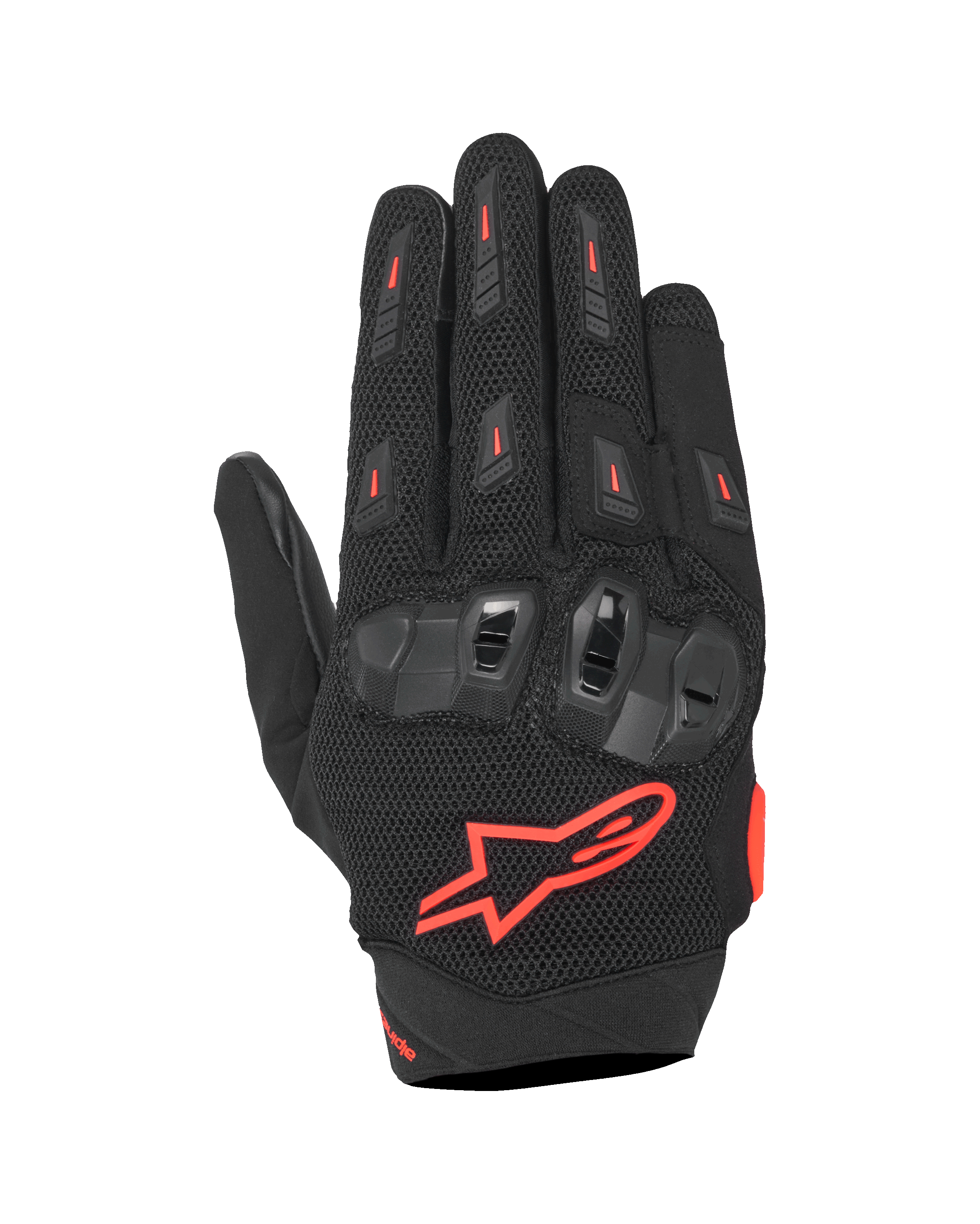 Alpinestars SP X 5 Air Gloves, sportowe rękawice motocyklowe, czarno-czerwone fluo, elastyczna siateczka 3D na wierzchu dłoni, ochrona kostek TPU o podwójnej gęstości, czerwone logo gwiazdy Alpinestars, oddychająca perforowana konstrukcja do sportowej jazdy latem