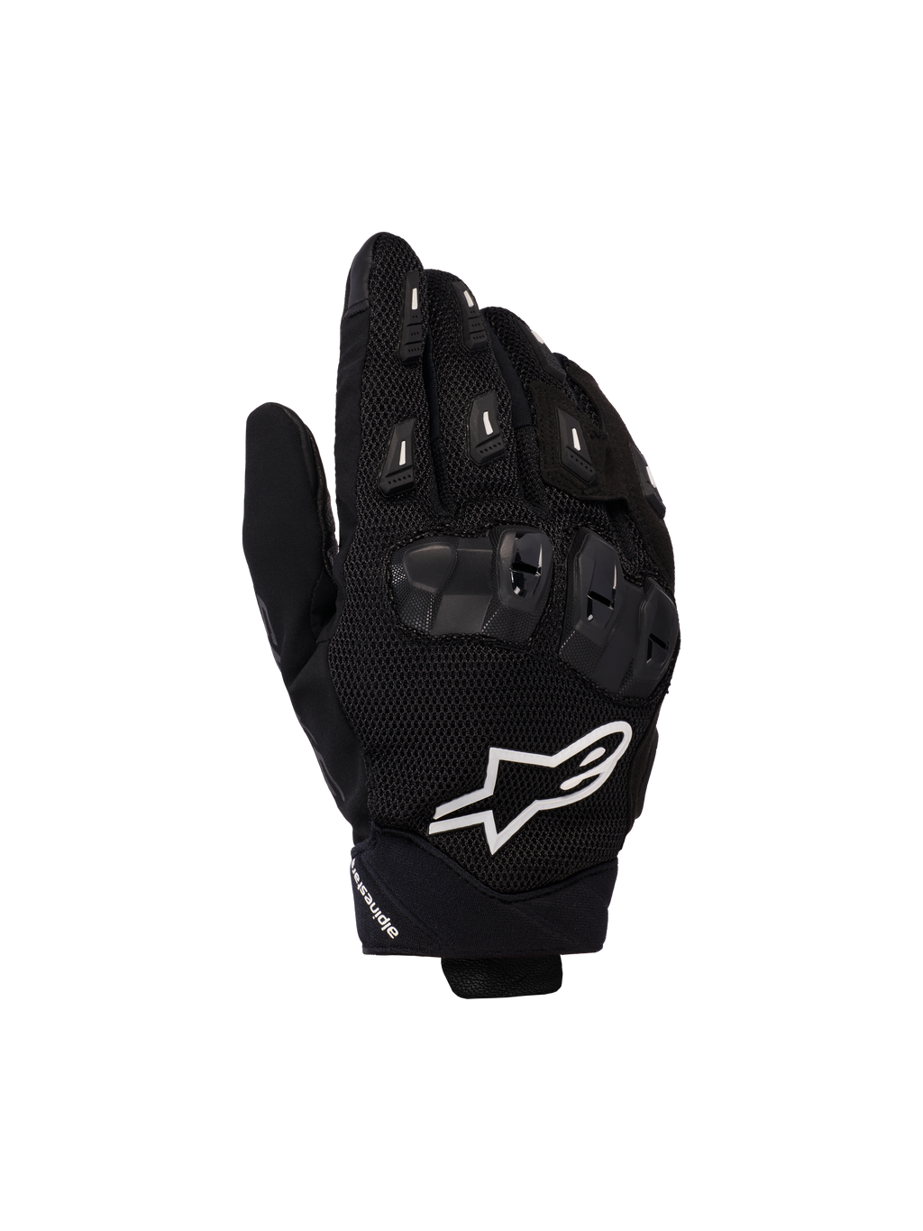 Alpinestars SP X 5 Air Gloves, Motorcycle Racing Gloves, Black with White Logo, featuring 3D mesh construction, TPU knuckle protection, and finger sliders