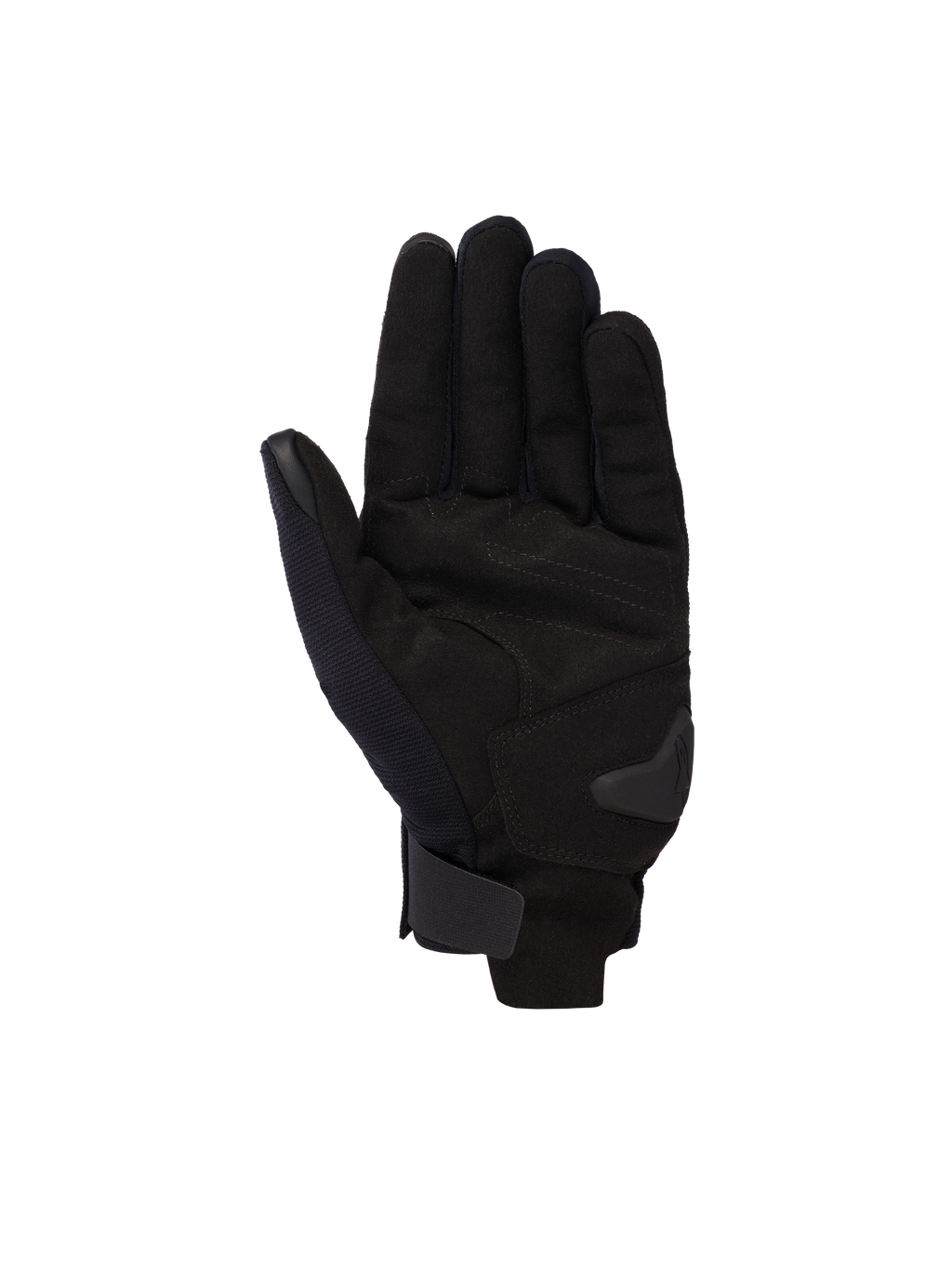 Rękawice Alpinestars Reef V2, czarne, motocyklowe rękawice z krótkim mankietem, widok dłoni z syntetycznego zamszu, wzmocnione wyściełanie dłoni i zapięcie na rzep na nadgarstku, nowoczesny miejski design do jazdy szosowej