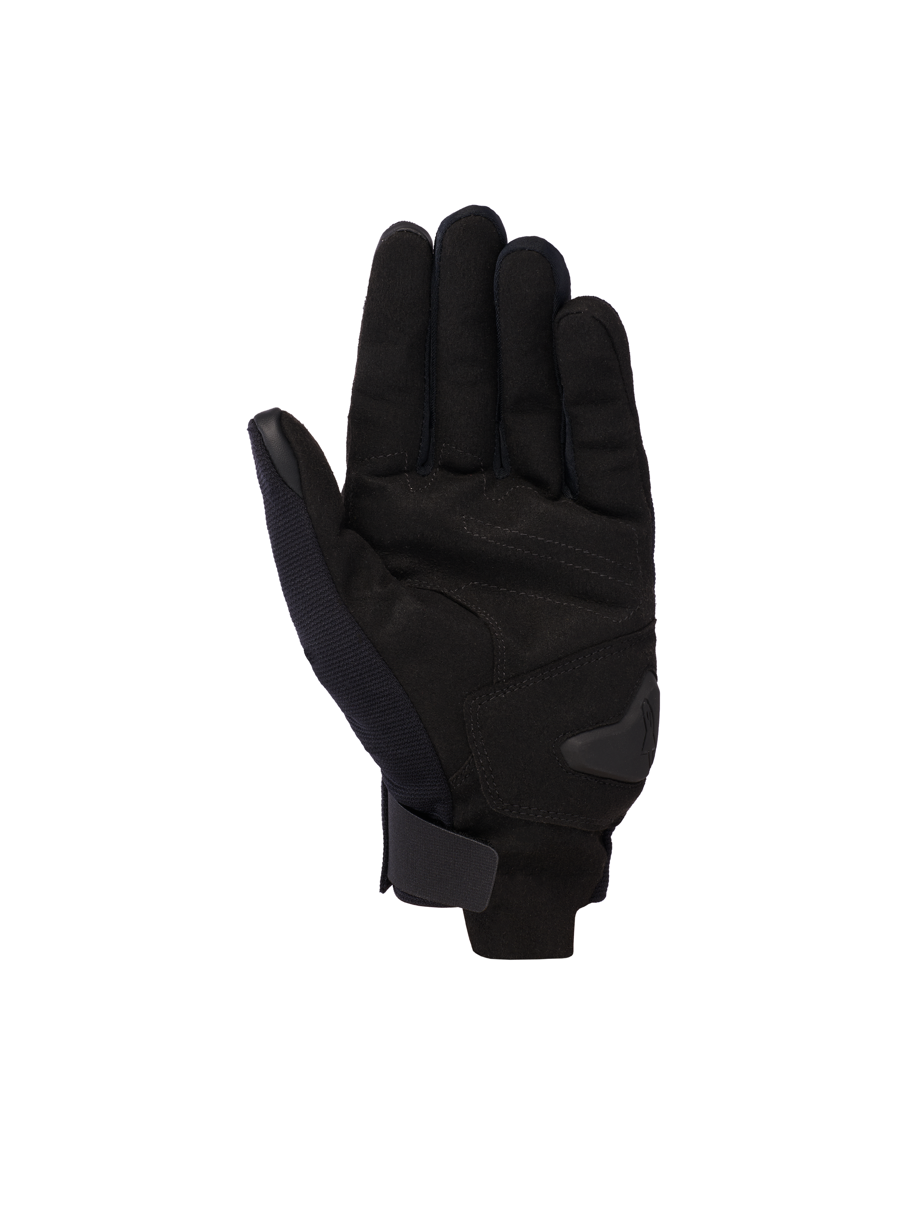 Rękawice Alpinestars Reef V2, czarne, motocyklowe rękawice z krótkim mankietem, widok dłoni z syntetycznego zamszu, wzmocnione wyściełanie dłoni i zapięcie na rzep na nadgarstku, nowoczesny miejski design do jazdy szosowej