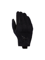 Alpinestars Reef V2 Gloves, czarne, krótkie rękawice motocyklowe z teksturowanej elastycznej tkaniny, ergonomiczny design, logo marki na palcu wskazującym i symbol gwiazdy na grzbiecie dłoni