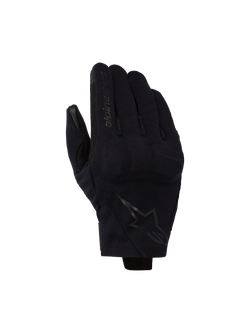 Alpinestars Reef V2 Gloves, Black, short cuff motorcycle gloves with textured stretch fabric, ergonomic design featuring brand logo on the index finger and star emblem on the back of the hand
