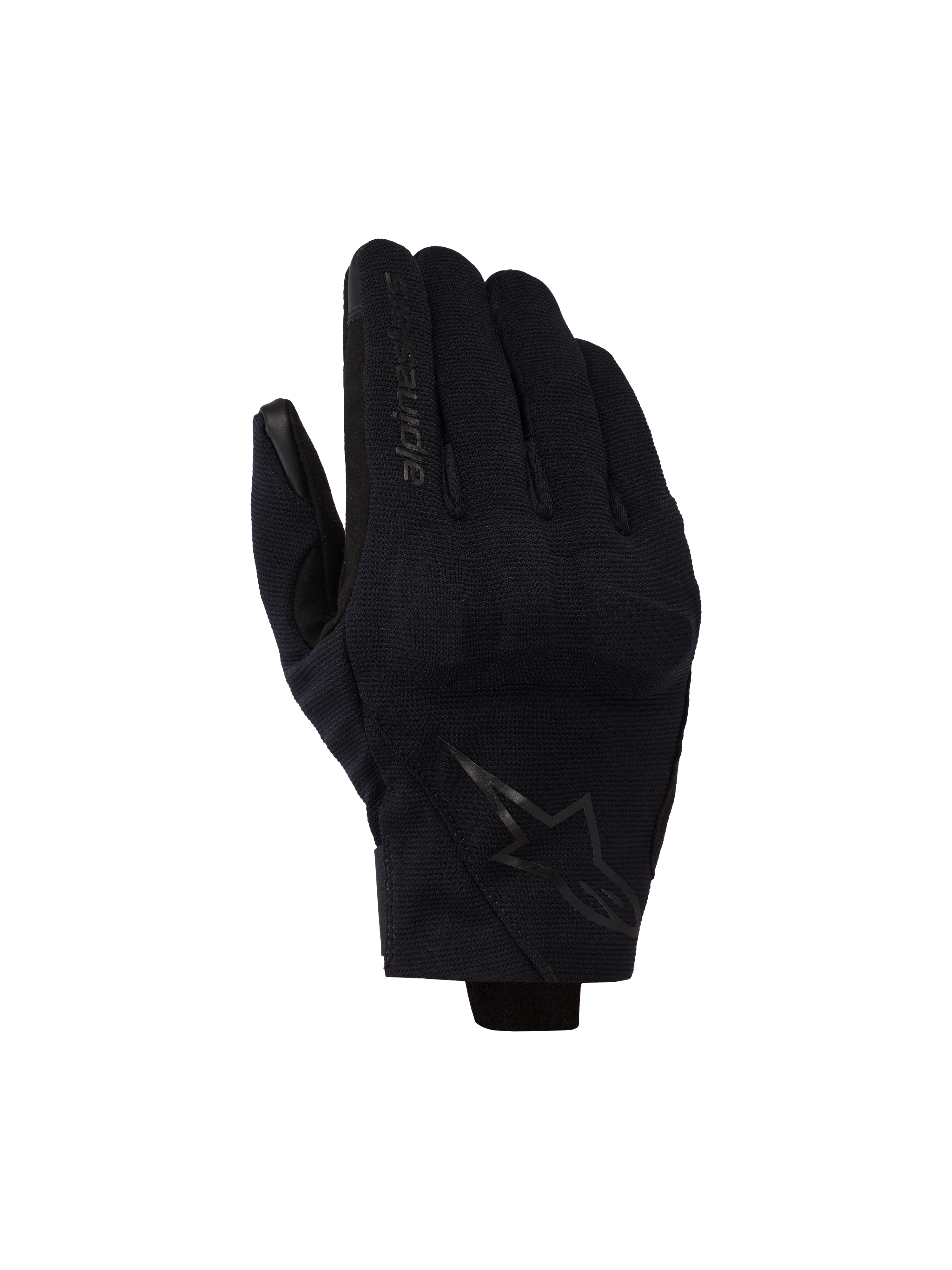 Alpinestars Reef V2 Gloves, czarne, krótkie rękawice motocyklowe z teksturowanej elastycznej tkaniny, ergonomiczny design, logo marki na palcu wskazującym i symbol gwiazdy na grzbiecie dłoni
