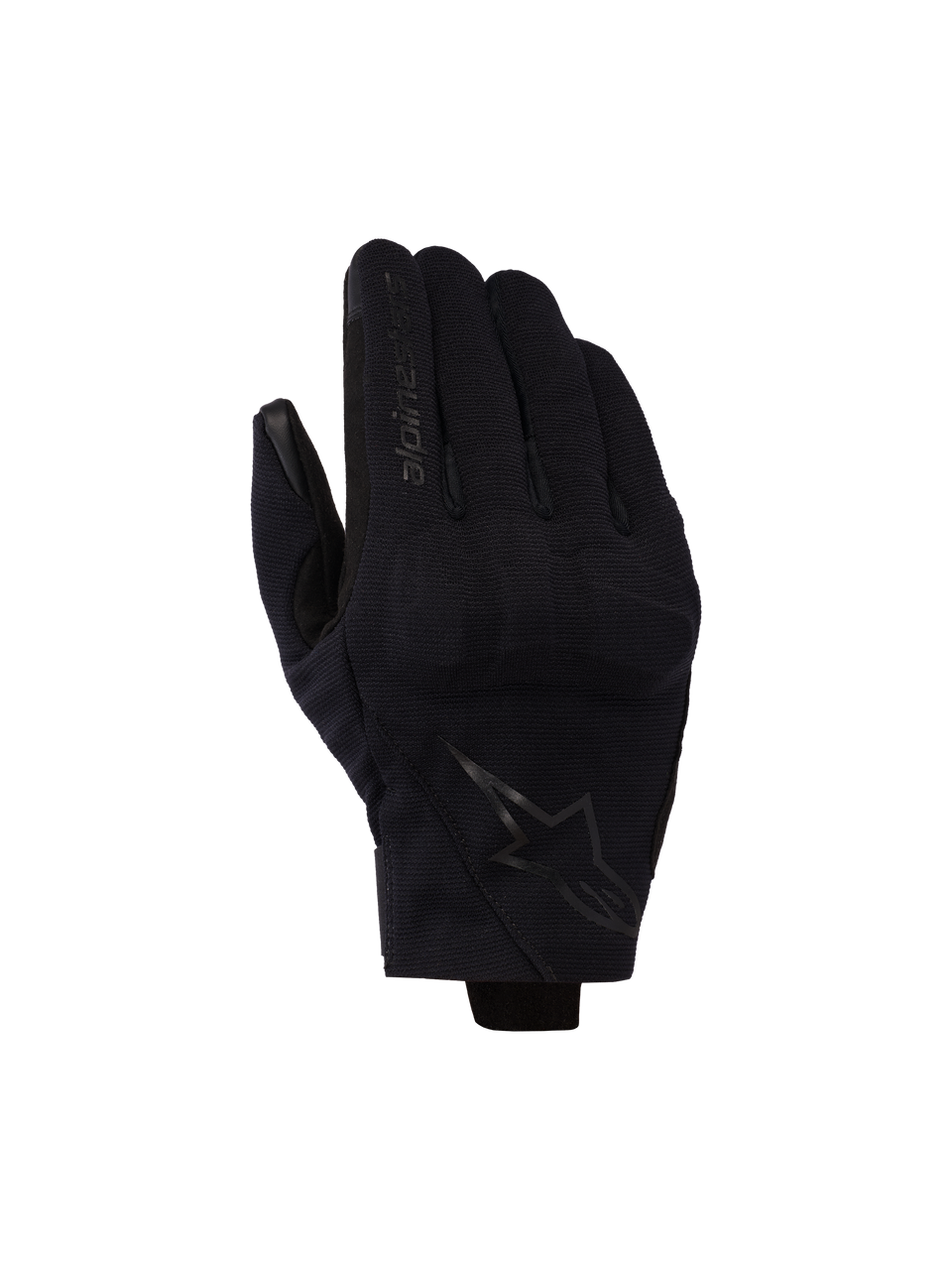 Alpinestars Reef V2 Gloves, czarne, krótkie rękawice motocyklowe z teksturowanej elastycznej tkaniny, ergonomiczny design, logo marki na palcu wskazującym i symbol gwiazdy na grzbiecie dłoni