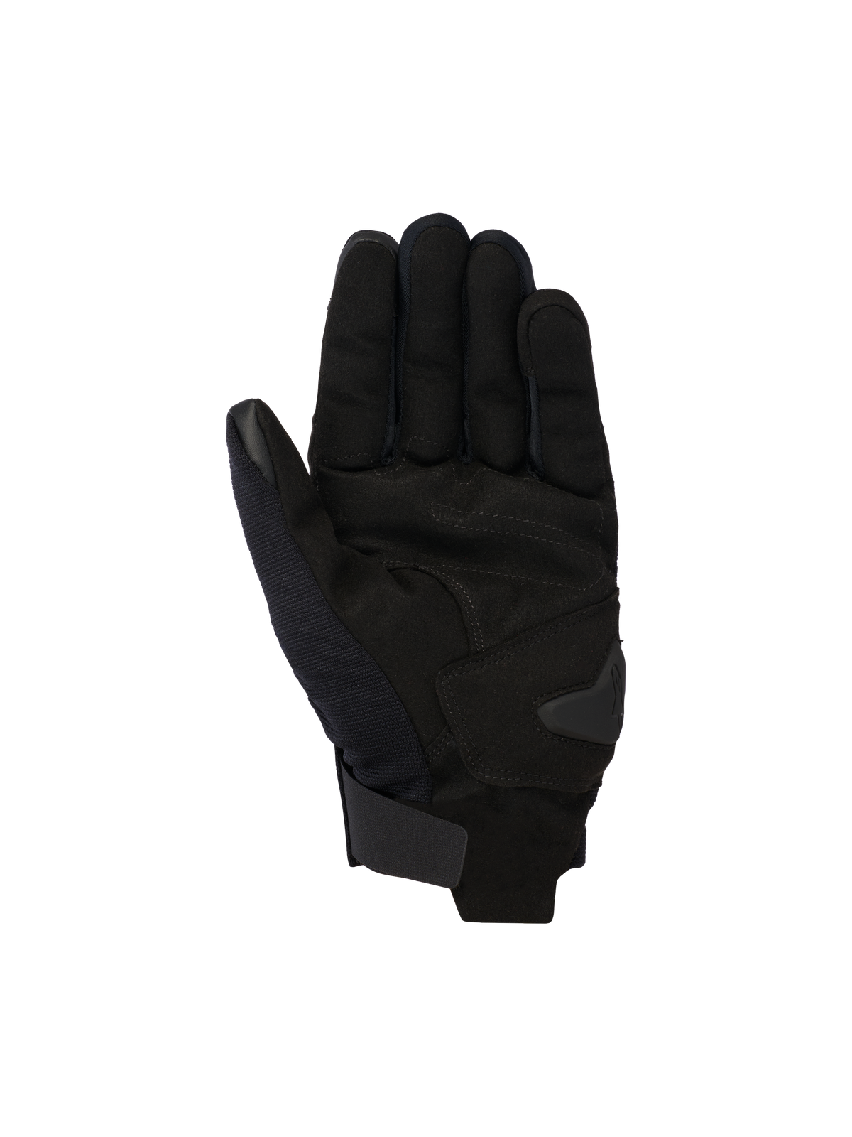 Alpinestars Reef V2 Gloves, czarne miejskie rękawice motocyklowe, widok od strony dłoni z konstrukcją z syntetycznego zamszu i wzmocnioną wyściółką, krótki mankiet z zapięciem na rzep, palec wskazujący i kciuk kompatybilne z ekranami dotykowymi, ergonomiczny design do jazdy miejskiej