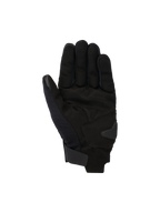 Alpinestars Reef V2 Gloves, czarne miejskie rękawice motocyklowe, widok od strony dłoni z konstrukcją z syntetycznego zamszu i wzmocnioną wyściółką, krótki mankiet z zapięciem na rzep, palec wskazujący i kciuk kompatybilne z ekranami dotykowymi, ergonomiczny design do jazdy miejskiej