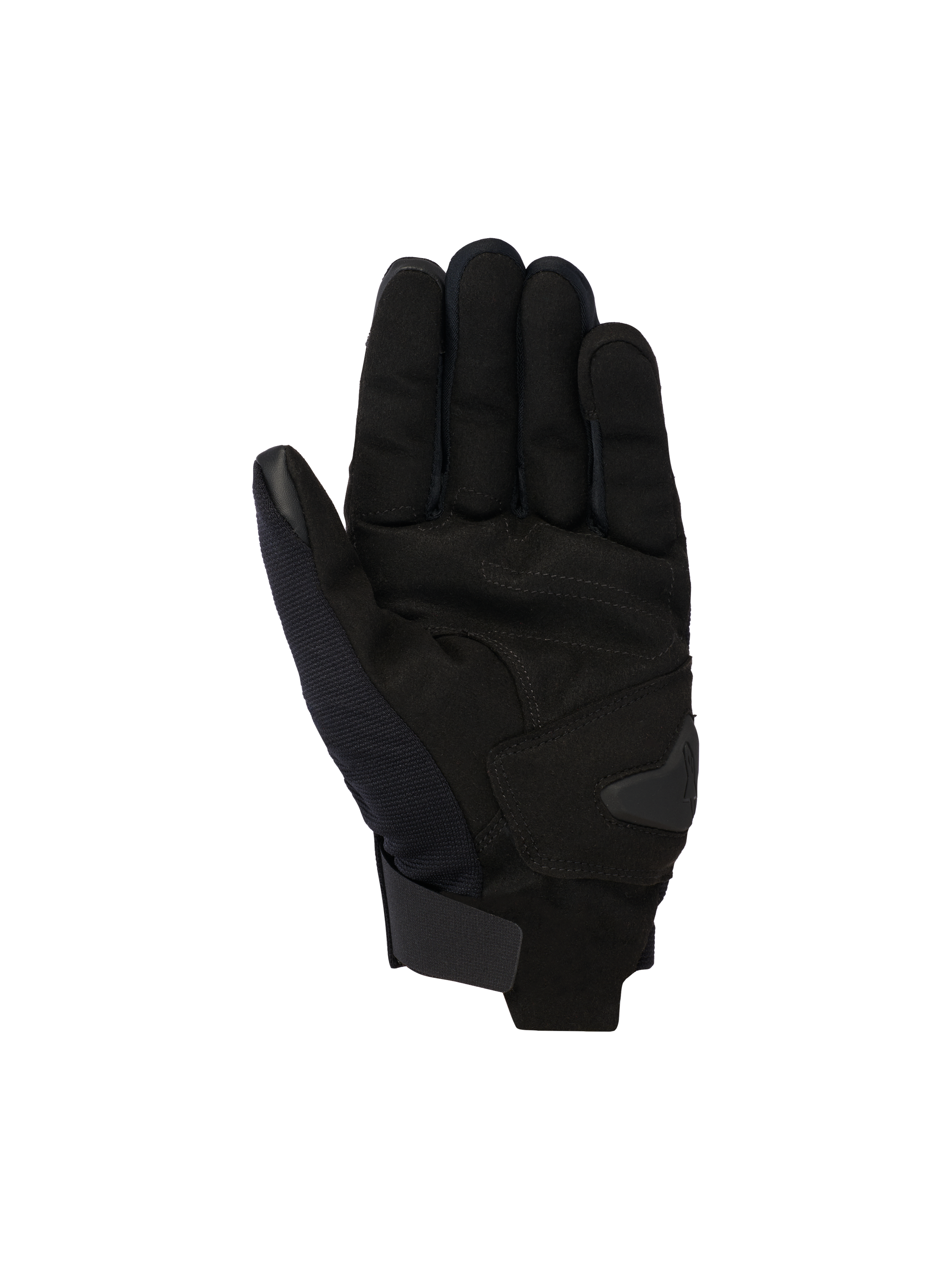 Alpinestars Reef V2 Gloves, czarne miejskie rękawice motocyklowe, widok od strony dłoni z konstrukcją z syntetycznego zamszu i wzmocnioną wyściółką, krótki mankiet z zapięciem na rzep, palec wskazujący i kciuk kompatybilne z ekranami dotykowymi, ergonomiczny design do jazdy miejskiej