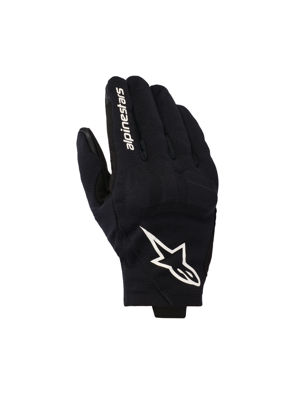 Rękawice Alpinestars Reef V2, czarno-białe rękawice motocyklowe, wierzch dłoni z teksturowanej elastycznej tkaniny z wyraźnym białym logo gwiazdy i napisem na palcu wskazującym, krótki mankiet, miejski design