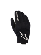 Rękawice Alpinestars Reef V2, czarno-białe rękawice motocyklowe, wierzch dłoni z teksturowanej elastycznej tkaniny z wyraźnym białym logo gwiazdy i napisem na palcu wskazującym, krótki mankiet, miejski design