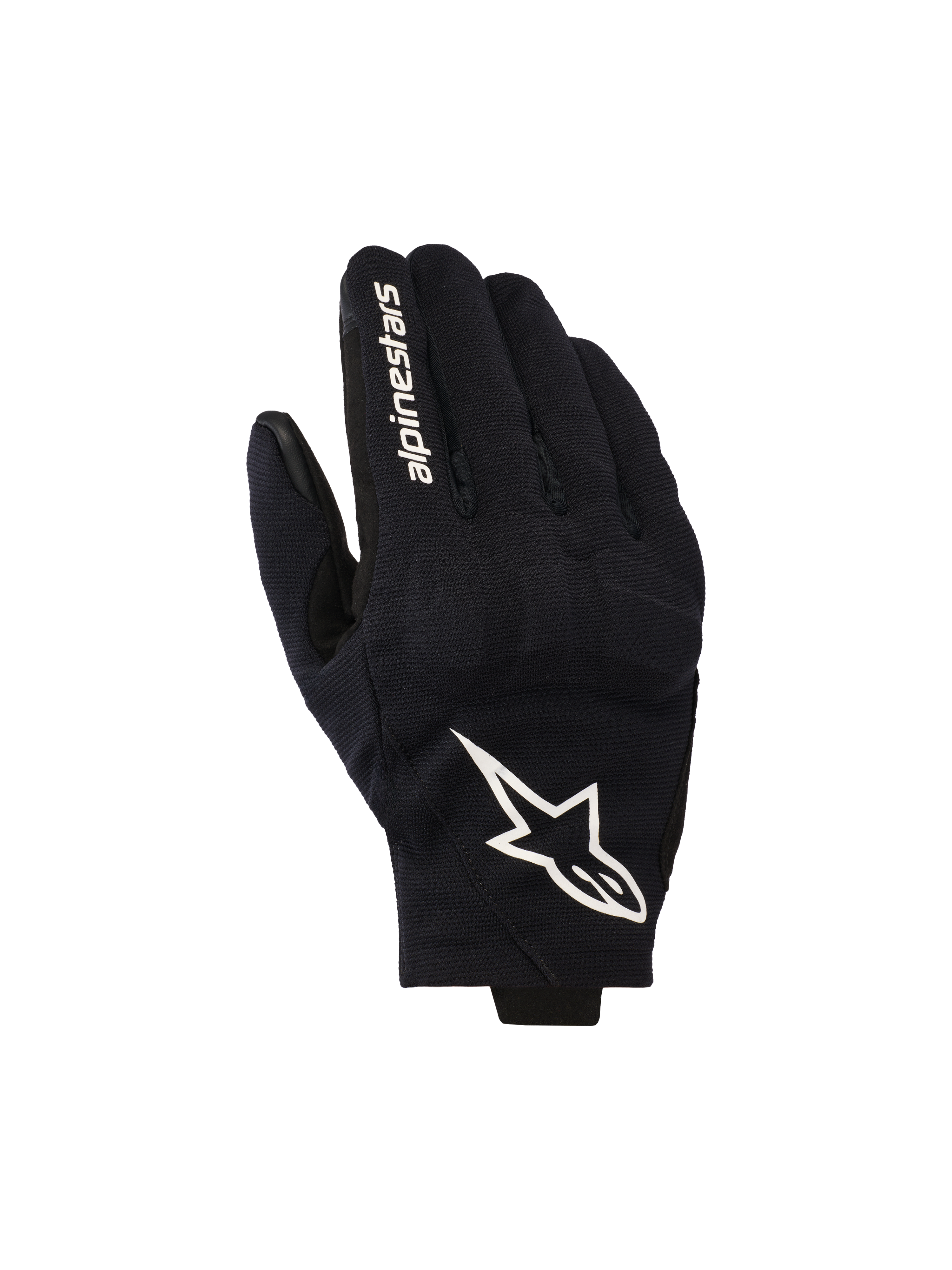 Rękawice Alpinestars Reef V2, czarno-białe rękawice motocyklowe, wierzch dłoni z teksturowanej elastycznej tkaniny z wyraźnym białym logo gwiazdy i napisem na palcu wskazującym, krótki mankiet, miejski design