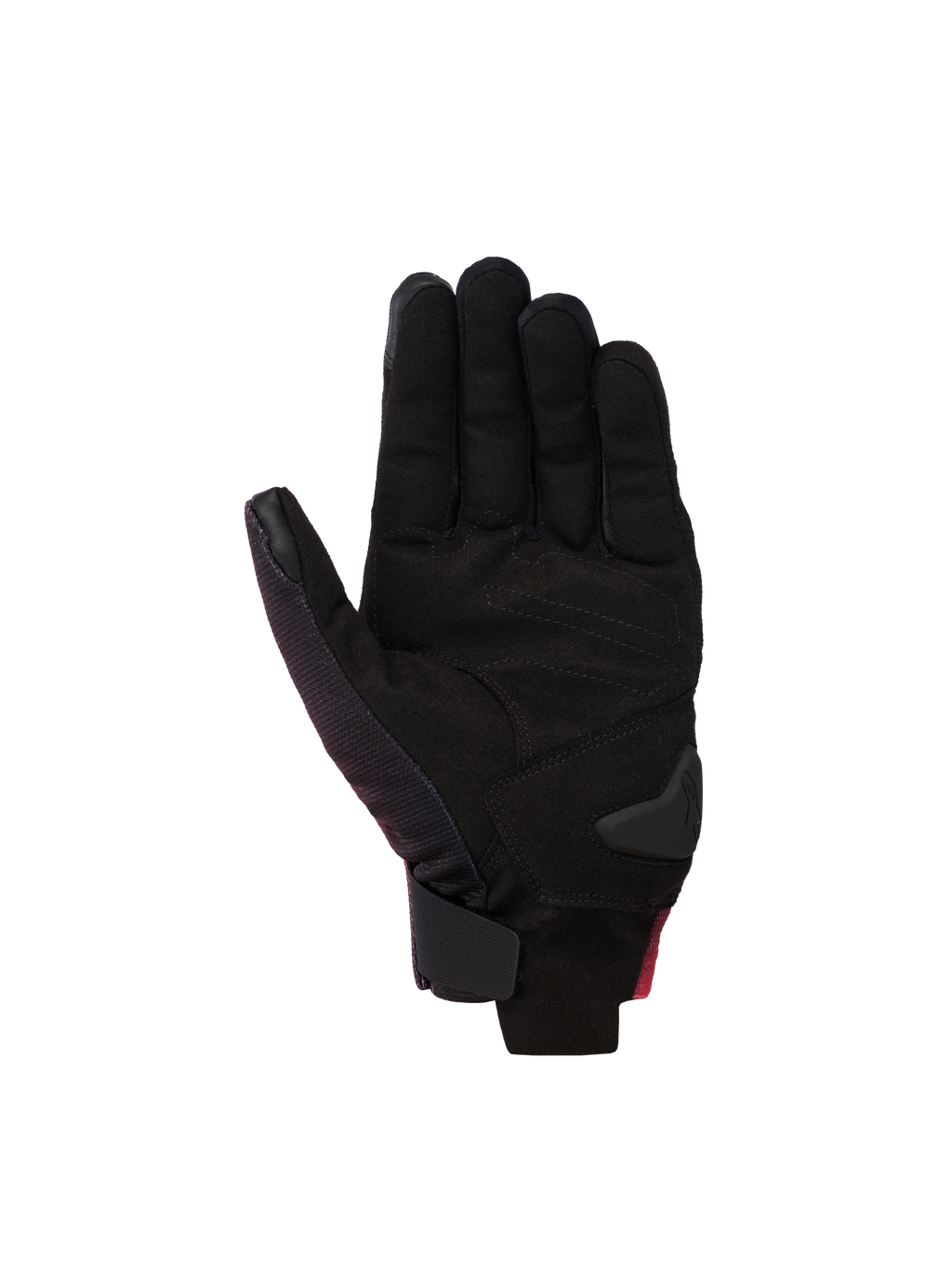 Alpinestars Reef V2 Gloves, rękawice motocyklowe, czarny, czerwony fluo i biały, widok od strony dłoni z syntetycznego zamszu z wyściełanymi wzmocnieniami, krótki mankiet z zapięciem na rzep