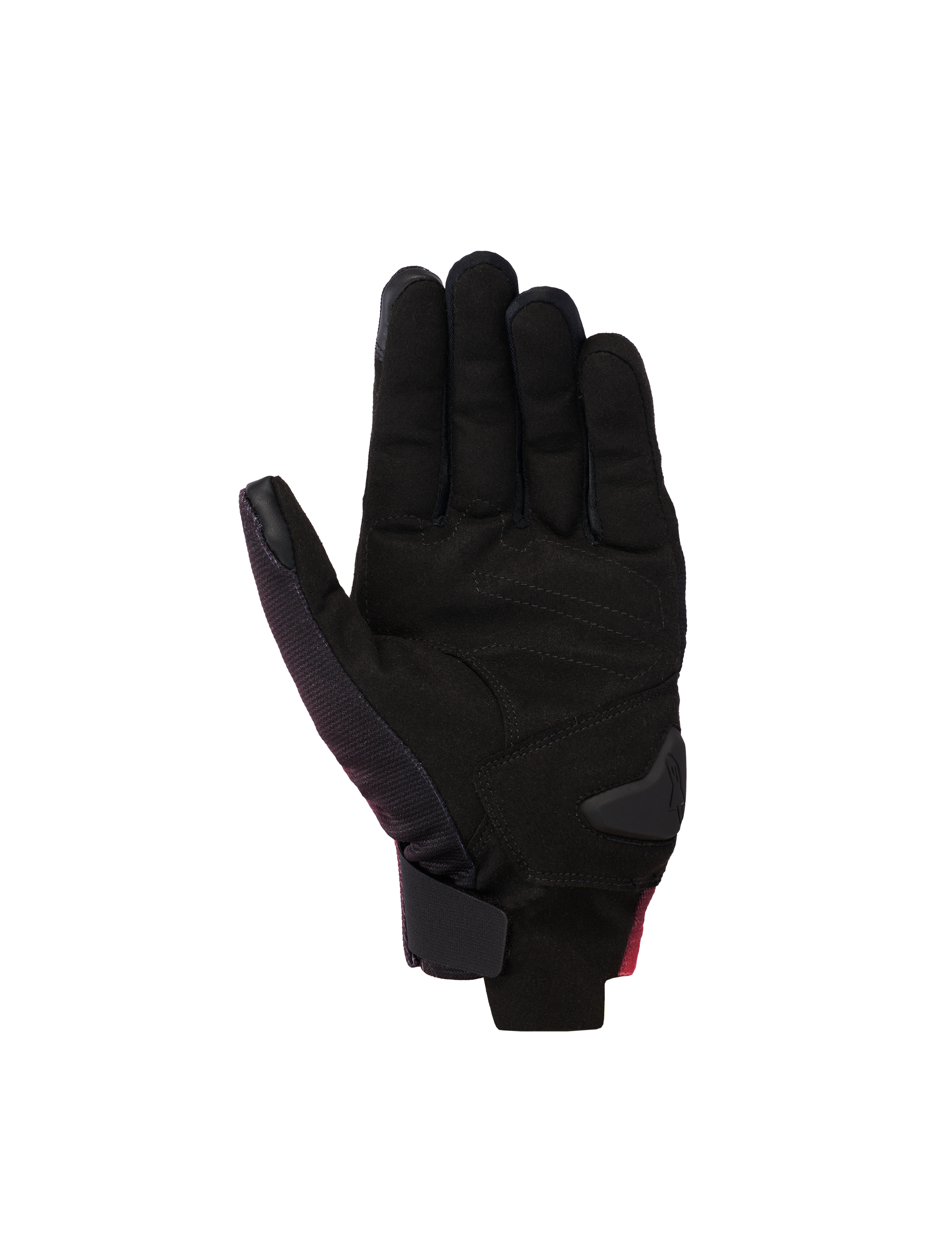 Alpinestars Reef V2 Gloves, rękawice motocyklowe, czarny, czerwony fluo i biały, widok od strony dłoni z syntetycznego zamszu z wyściełanymi wzmocnieniami, krótki mankiet z zapięciem na rzep