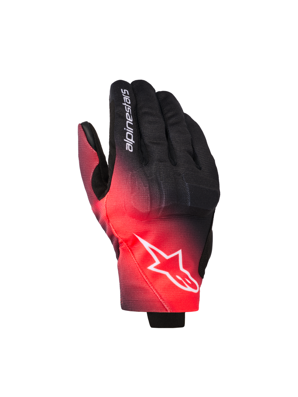 Rękawice Alpinestars Reef V2, rękawice motocyklowe, czarno-czerwone fluo z gradientem kolorów, białe logo gwiazdy Alpinestars na wierzchu dłoni i napis na palcu, miejski styl jazdy