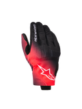 Rękawice Alpinestars Reef V2, rękawice motocyklowe, czarno-czerwone fluo z gradientem kolorów, białe logo gwiazdy Alpinestars na wierzchu dłoni i napis na palcu, miejski styl jazdy
