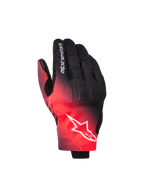 Rękawice Alpinestars Reef V2, rękawice motocyklowe, czarno-czerwone fluo z gradientem kolorów, białe logo gwiazdy Alpinestars na wierzchu dłoni i napis na palcu, miejski styl jazdy