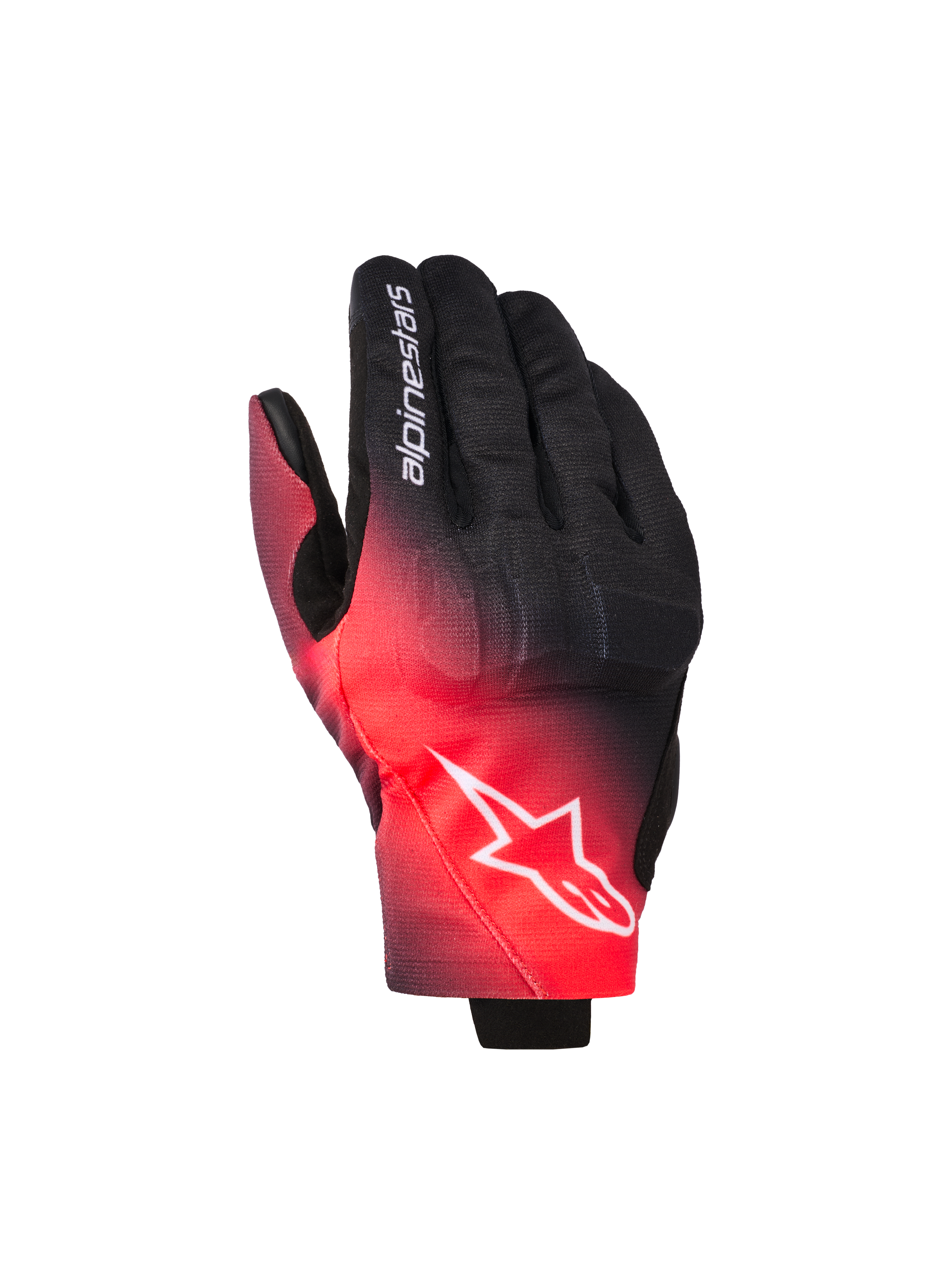 Rękawice Alpinestars Reef V2, rękawice motocyklowe, czarno-czerwone fluo z gradientem kolorów, białe logo gwiazdy Alpinestars na wierzchu dłoni i napis na palcu, miejski styl jazdy