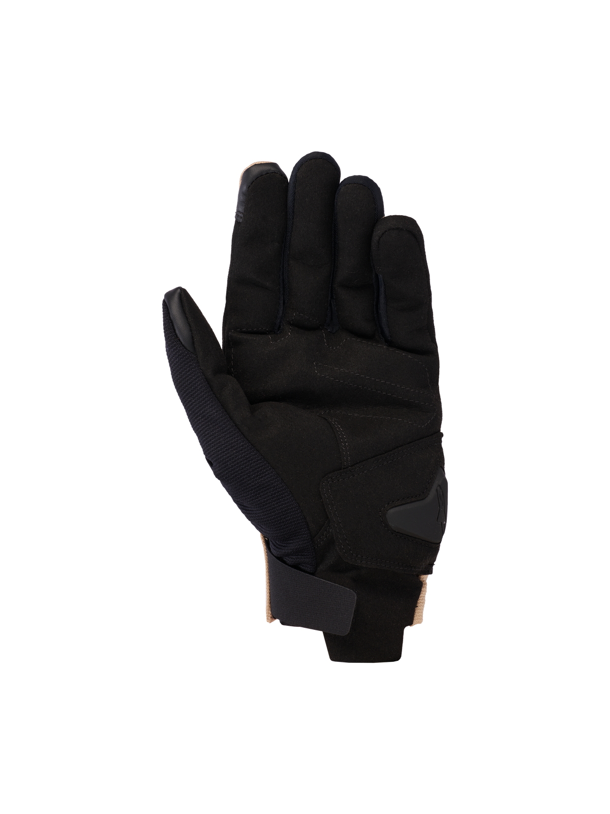 Alpinestars 2025 Reef V2 Gloves, rękawice motocyklowe, Sand Black, widok od wewnętrznej strony dłoni pokazujący syntetyczny zamsz z wyściełanym wzmocnieniem, krótki mankiet z zapięciem na rzep oraz końcówki palców kompatybilne z ekranami dotykowymi