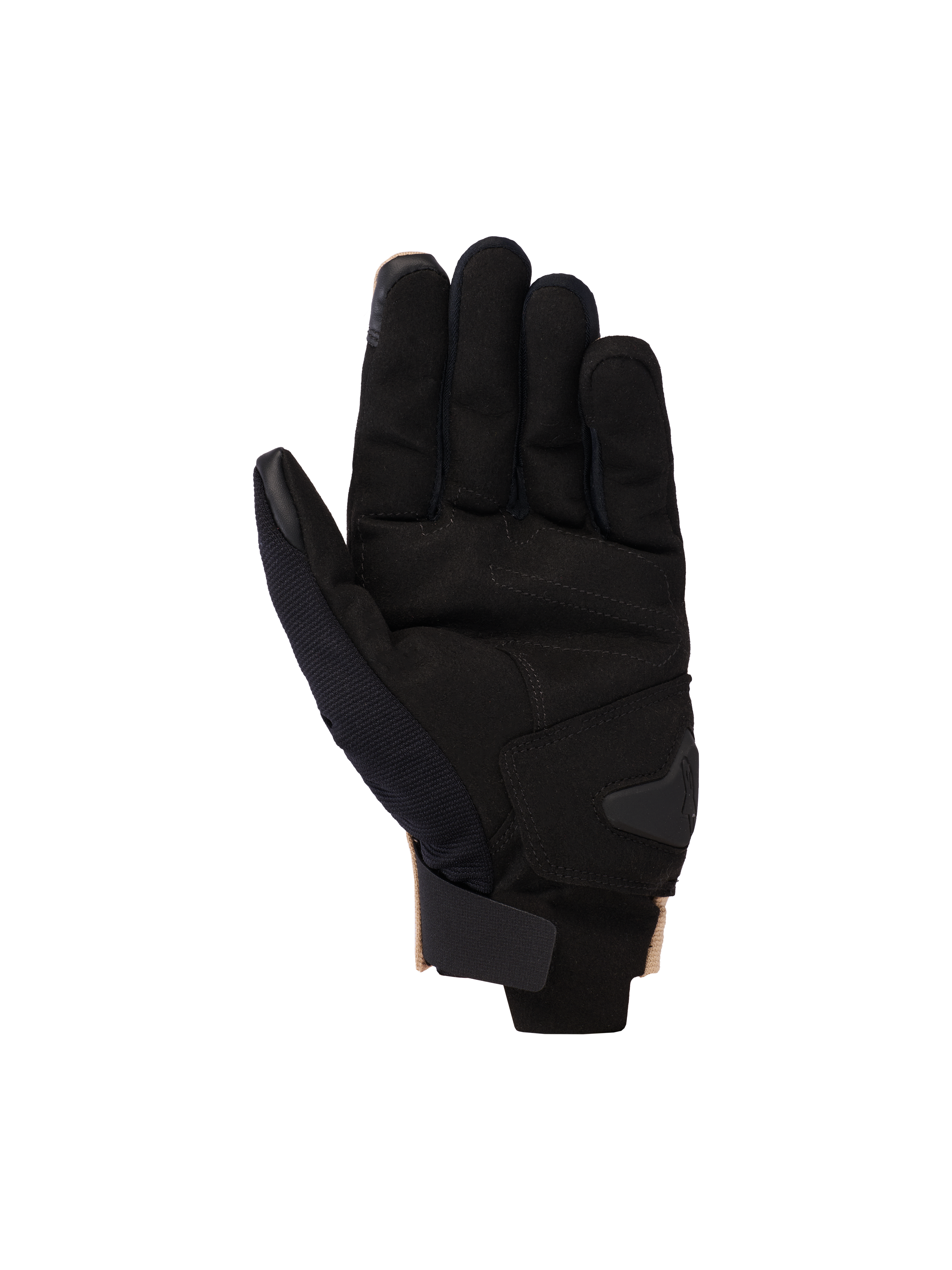 Alpinestars 2025 Reef V2 Gloves, rękawice motocyklowe, Sand Black, widok od wewnętrznej strony dłoni pokazujący syntetyczny zamsz z wyściełanym wzmocnieniem, krótki mankiet z zapięciem na rzep oraz końcówki palców kompatybilne z ekranami dotykowymi