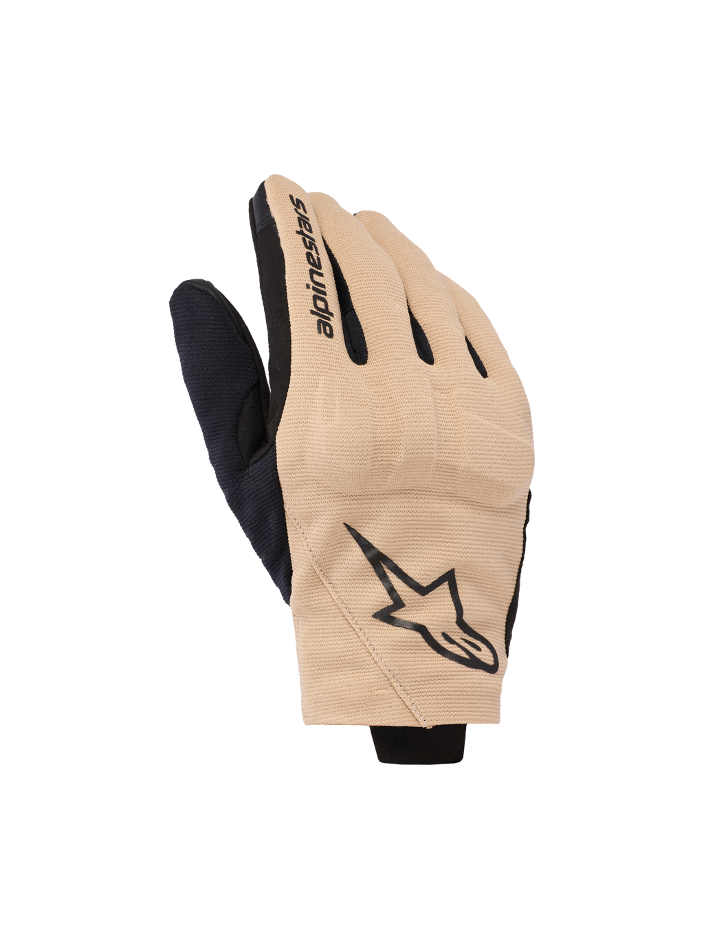 Alpinestars Reef V2 Gloves, rękawice motocyklowe, piaskowe i czarne, miejski design z krótkim mankietem i wentylowaną elastyczną tkaniną, czarne logo gwiazdy na wierzchu dłoni i napis Alpinestars na palcu wskazującym, nowoczesna odzież do jazdy szosowej