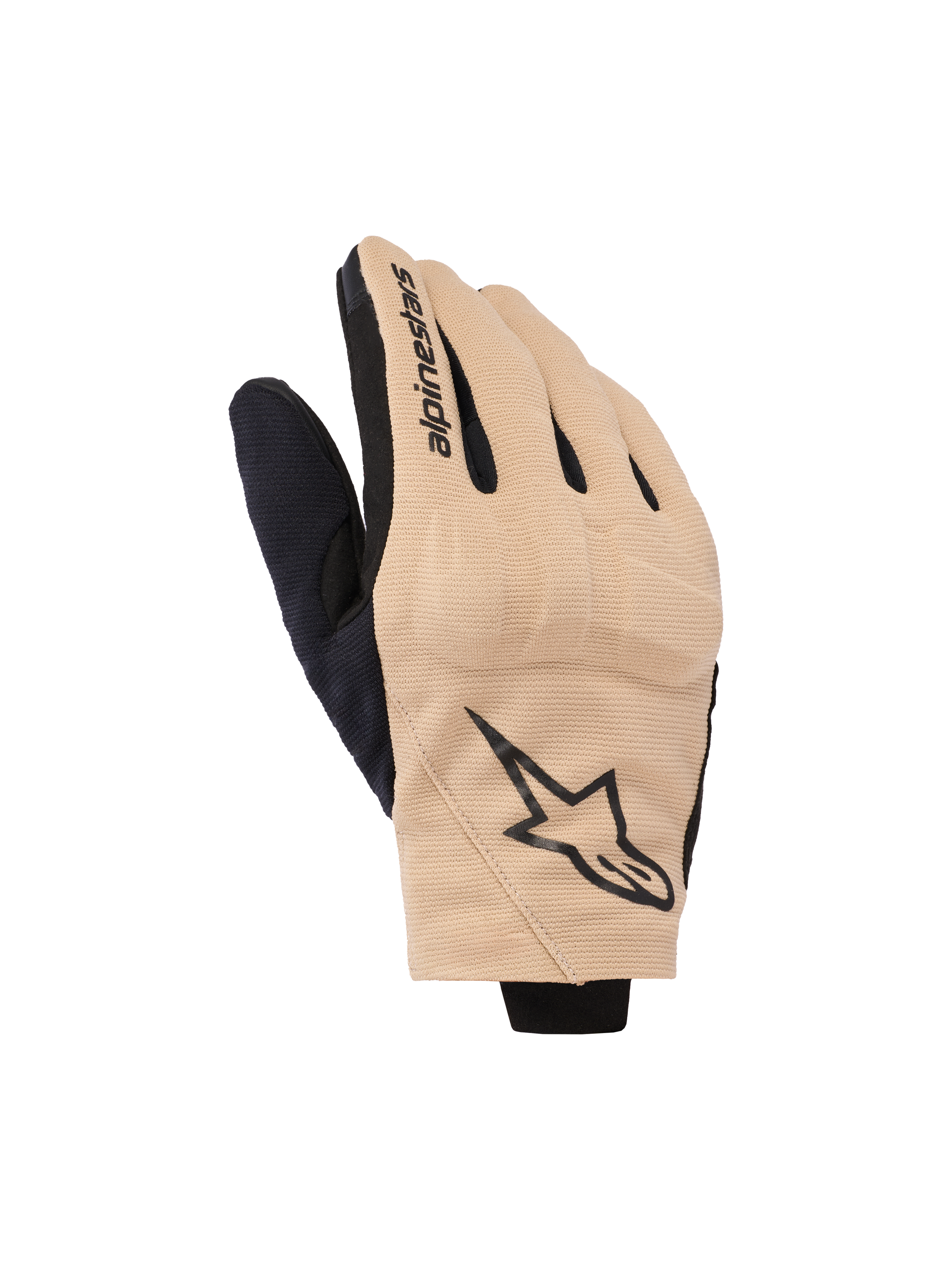 Alpinestars Reef V2 Gloves, rękawice motocyklowe, piaskowe i czarne, miejski design z krótkim mankietem i wentylowaną elastyczną tkaniną, czarne logo gwiazdy na wierzchu dłoni i napis Alpinestars na palcu wskazującym, nowoczesna odzież do jazdy szosowej
