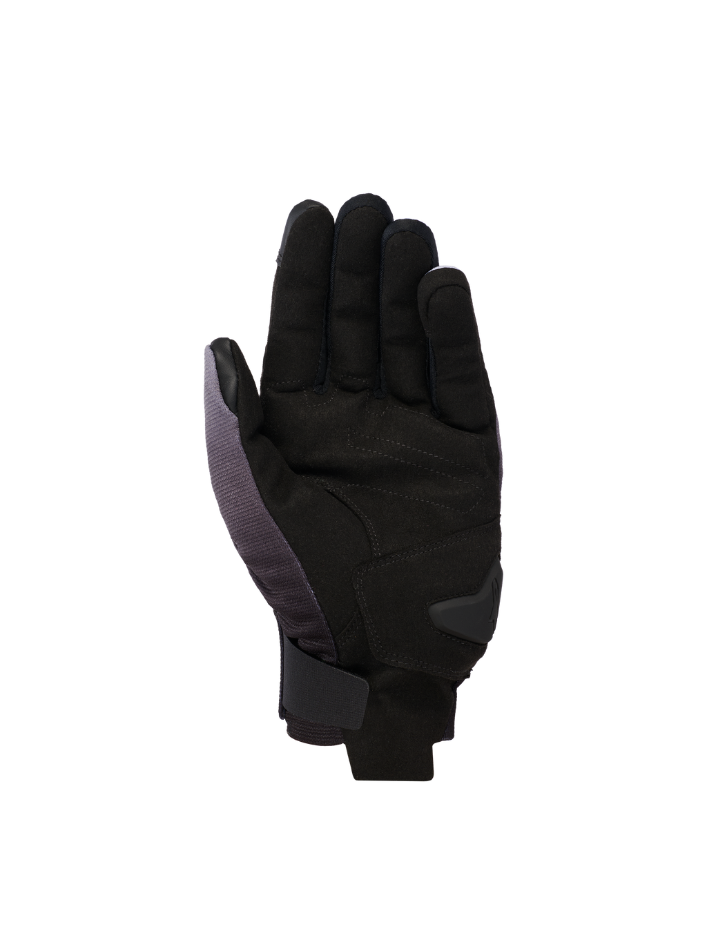 Rękawice Alpinestars Reef V2, motocyklowe rękawice z krótkim mankietem, szaro-czarno-białe, widok od strony dłoni z syntetycznego zamszu z wyściełanym wzmocnieniem i bezpiecznym zapięciem na rzep na nadgarstku.
